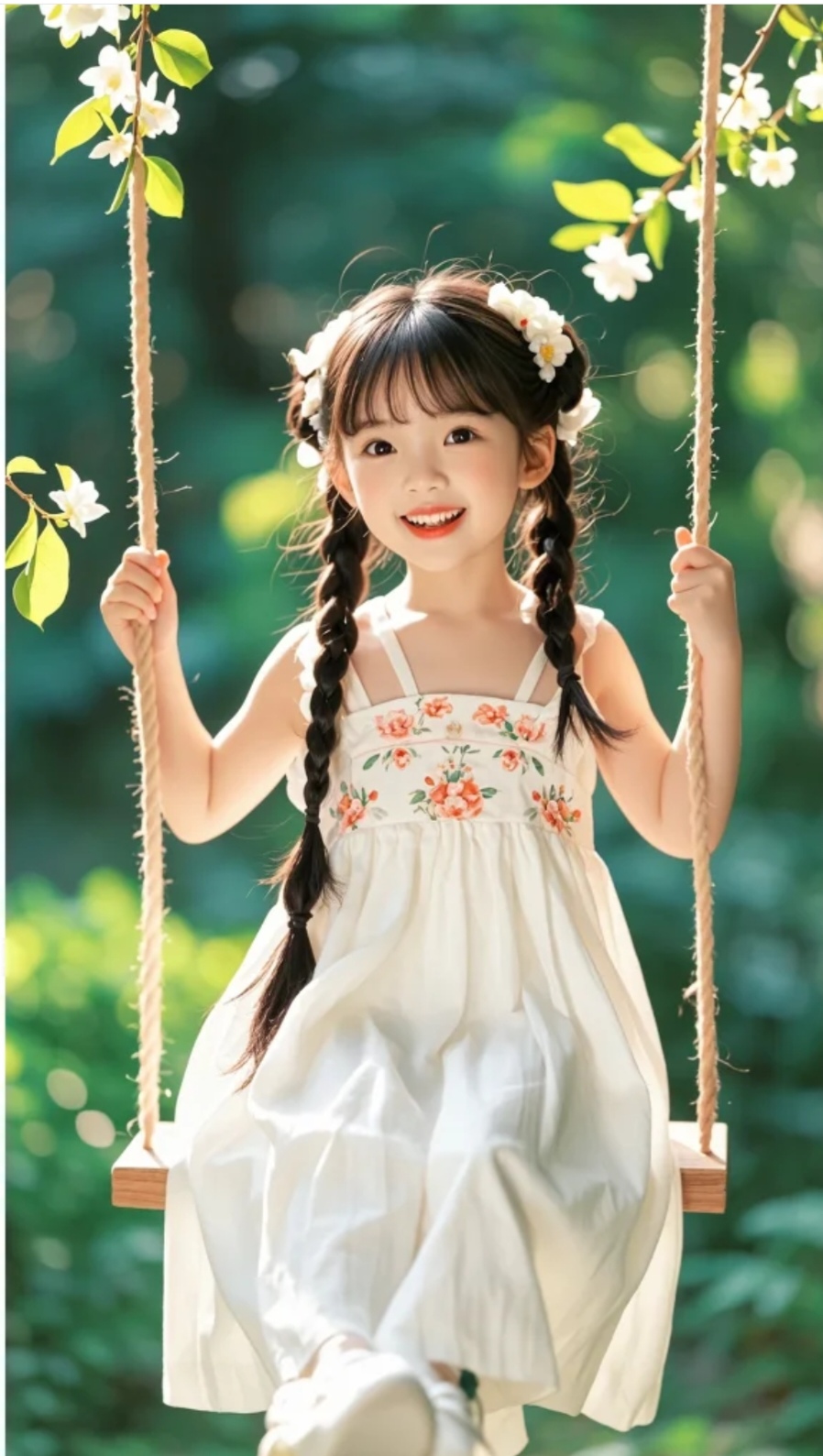 春日花园里,女孩荡秋千,花香袭人,笑颜如花.