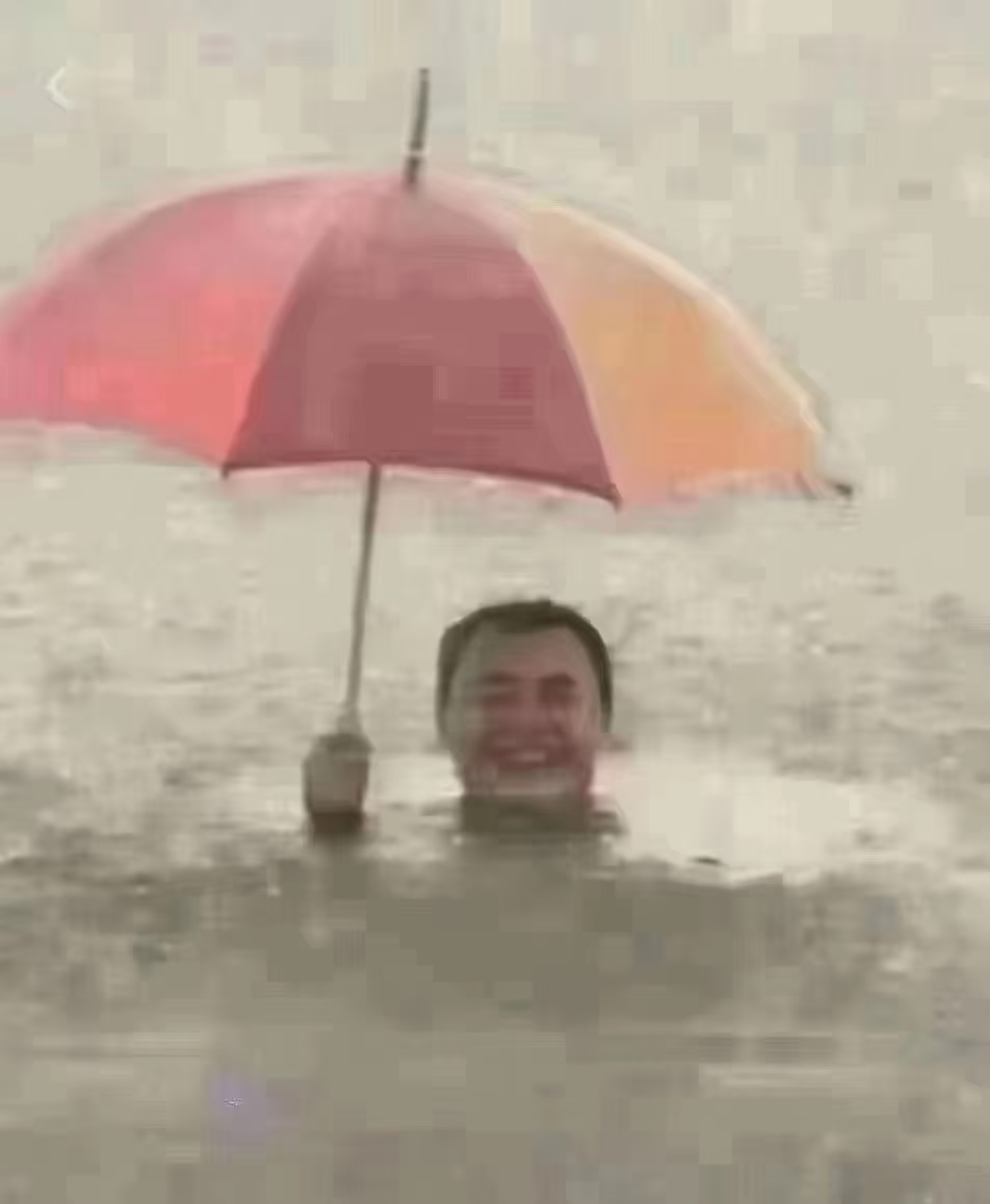 一眼看到这个男人,就觉得很搞笑,雨都到脖子了,打伞还有什么用啊?