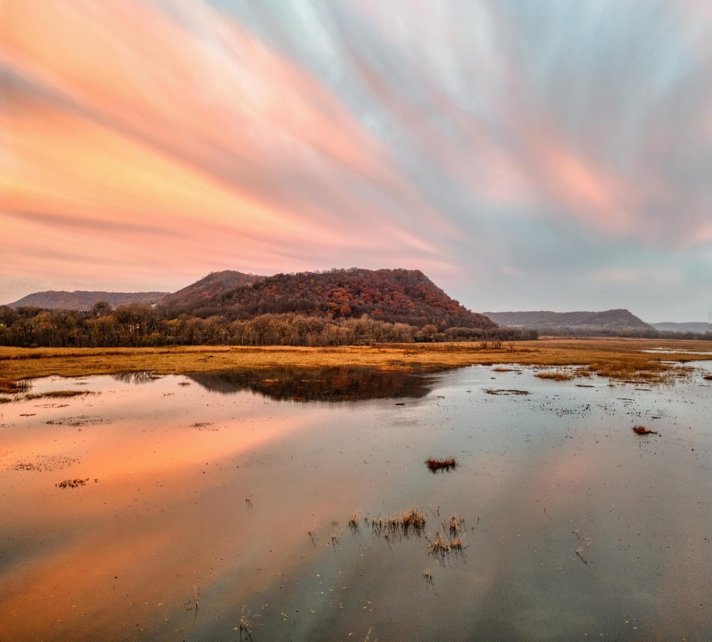 94秋日晨曦,静谧之美92  90一片被水淹没的草地,仿佛是大自然的
