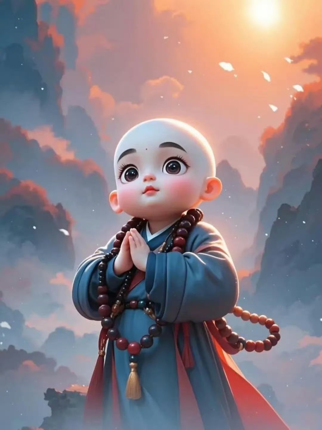 小和尚双手合十,面露虔诚,仿佛在山顶祈福,希望世界和平