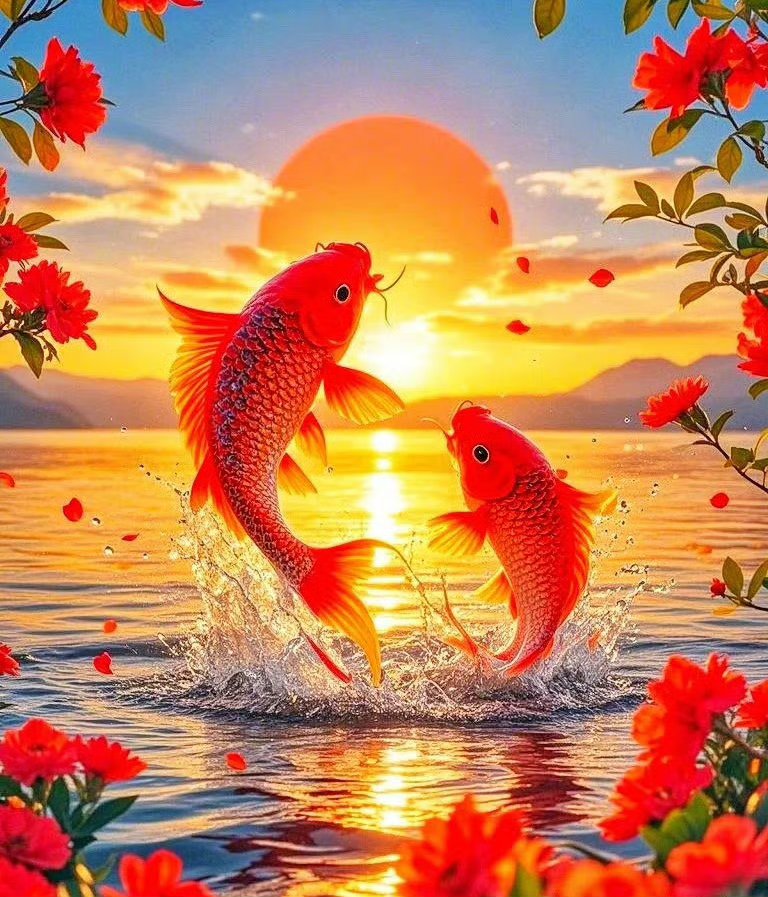 "夕阳下,两条鱼儿跃出水面,溅起一片花海,美得就像一幅画!
