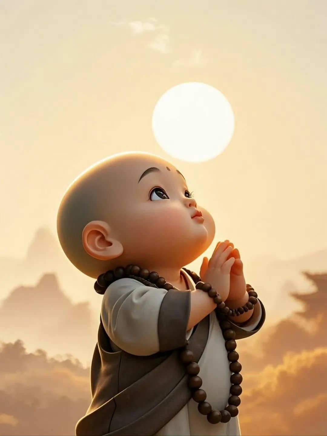 小和尚虔诚祈祷,愿佛祖保佑众生平安