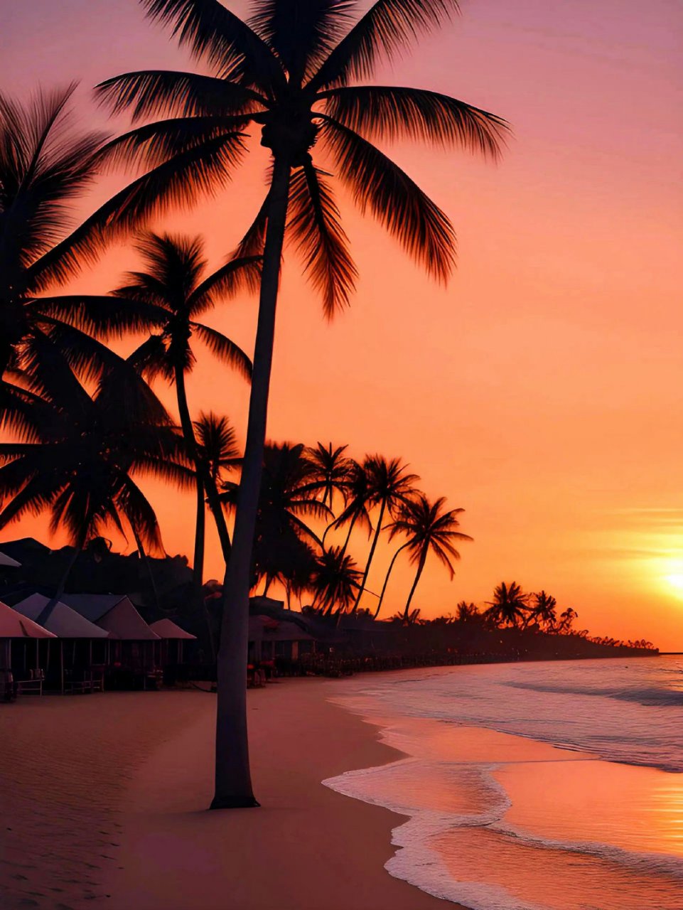 这片沙滩上,棕榈树的影子与雨伞的阴影相互交织,形成了一幅美丽的画面