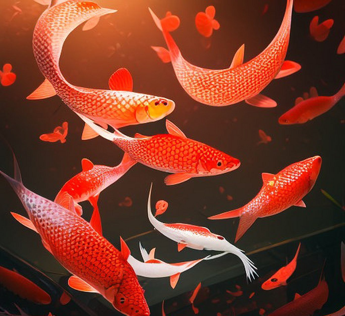 "在一片深邃的夜色中,一群色彩斑斓的鱼儿在水中欢快地游弋.