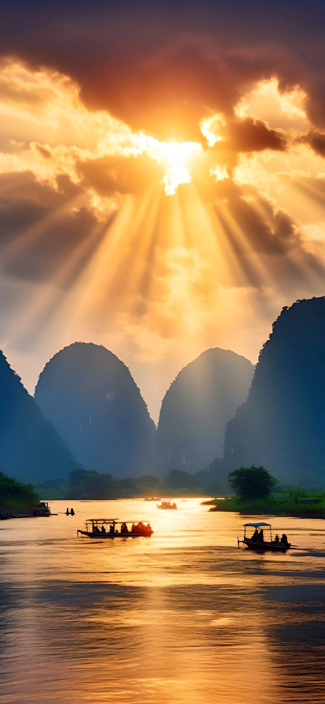 "江河中,一艘船在朝阳中航行