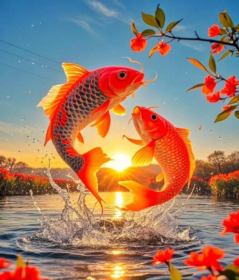 "夕阳下,两条鱼儿跃出水面,溅起一片花海,美得就像一幅画!