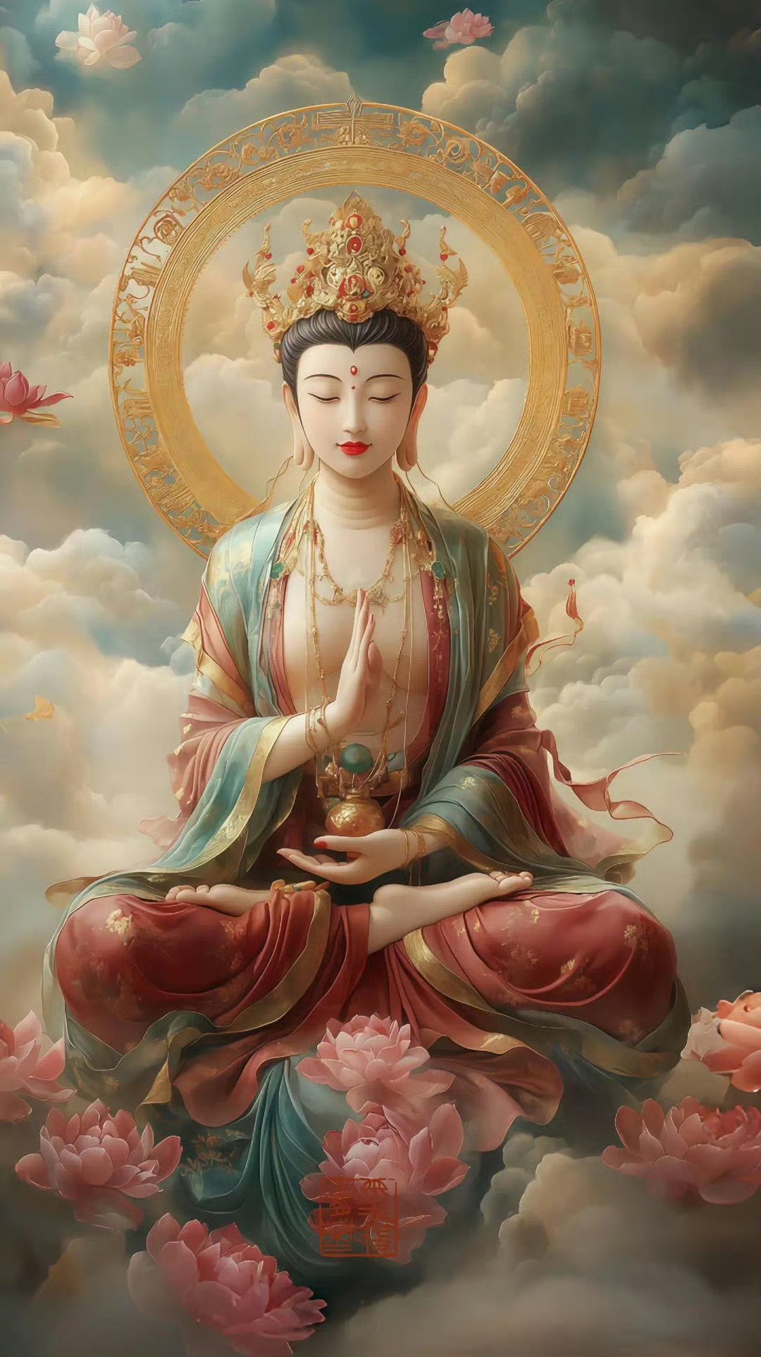 云端上的宁静时刻,她手持莲花,安详而坐,仿佛世界都静止了