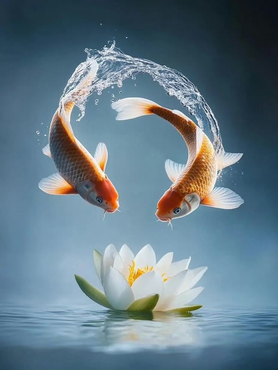 看这两条鱼,转得欢快,好像在玩水中的舞蹈,旁边一朵白莲花静静观赏