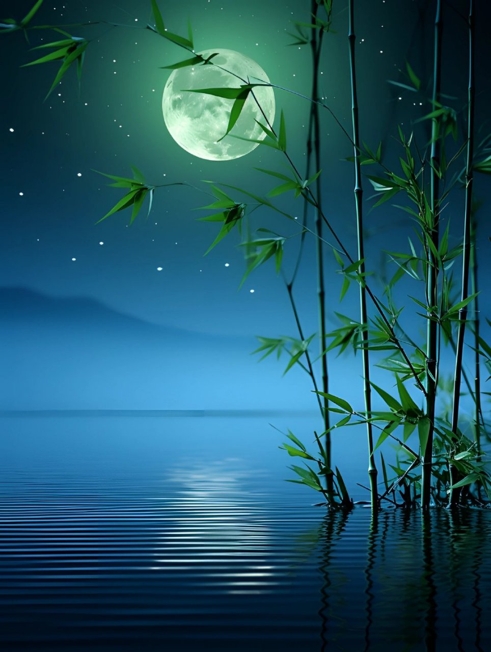 水面上,月亮如镜,竹影摇曳,仿佛在诉说着一个古老的故事.