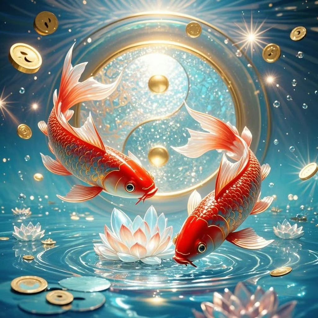 "双鱼戏水,金玉满塘,好运连连!