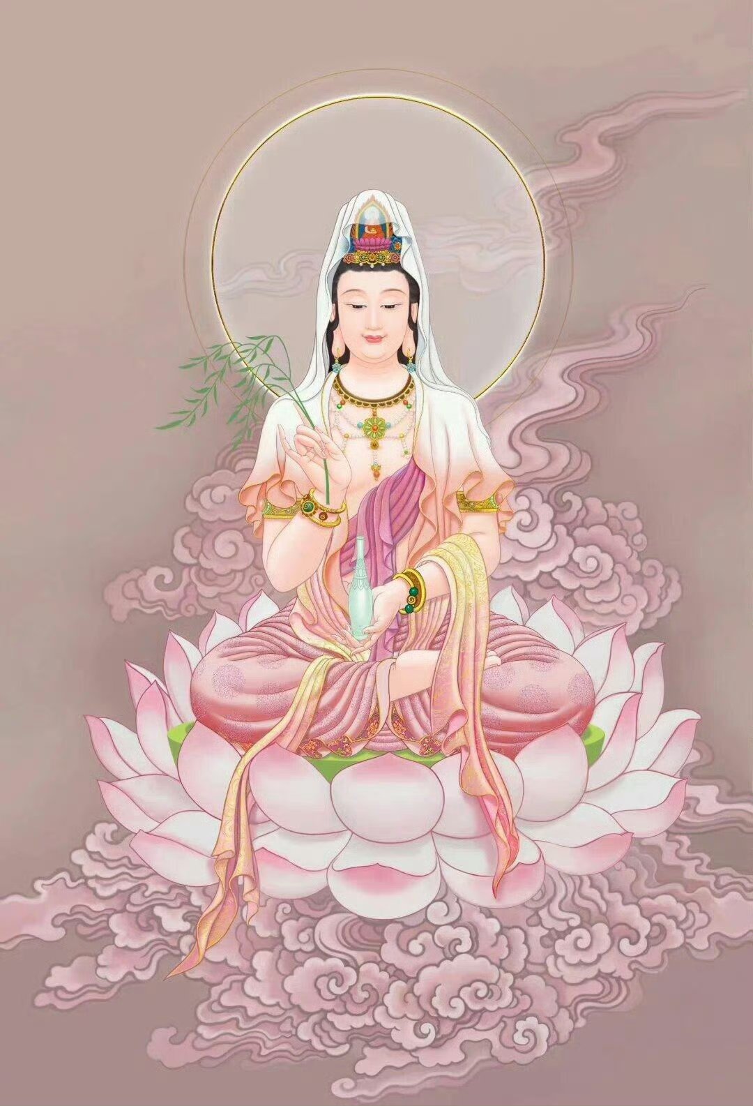 观音菩萨坐于莲花之上,手持柳枝,散发出宁静祥和的气息