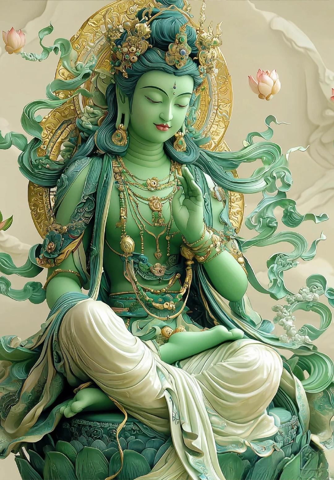 这尊雕像真是太美了,绿度母菩萨的慈悲眼神让人心生宁静,每一个细节都