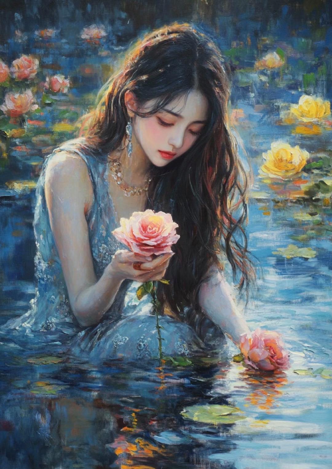 抱花瓶女孩油画图片