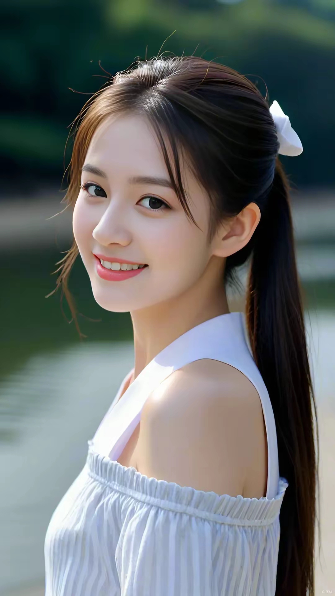 捕捉到一位笑容甜美的女孩,白衬衫搭配马尾辫,清新自然,宛如夏日微风