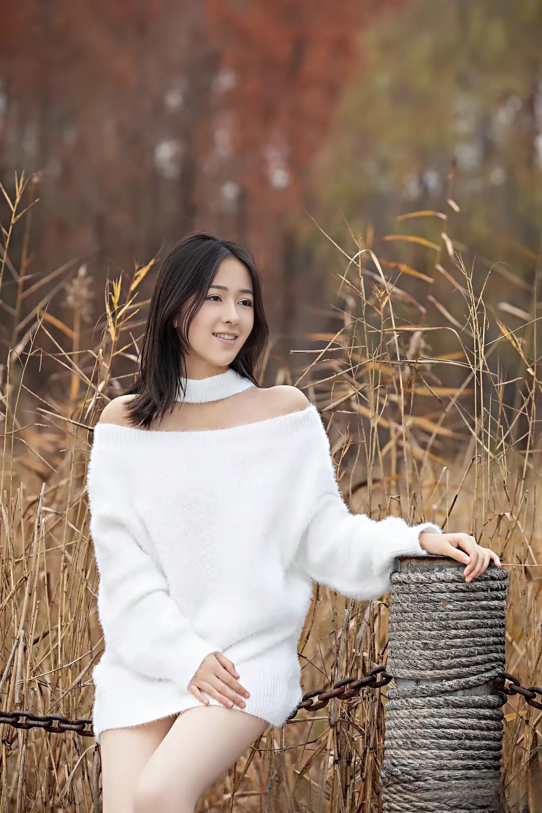 秋天的气息,我在田野间的白色毛衣女孩等你
