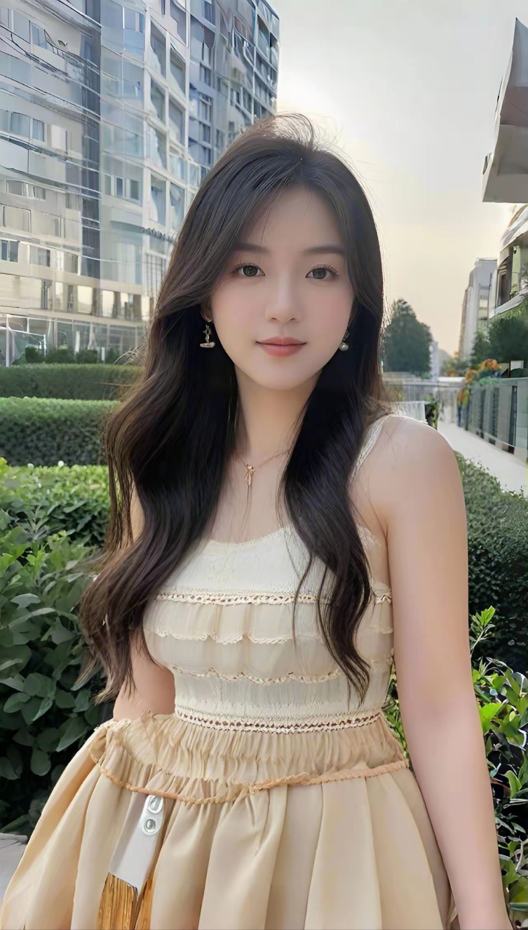 捕捉到一位甜美女神在都市背景下的迷人瞬间,优雅气质与现代建筑的