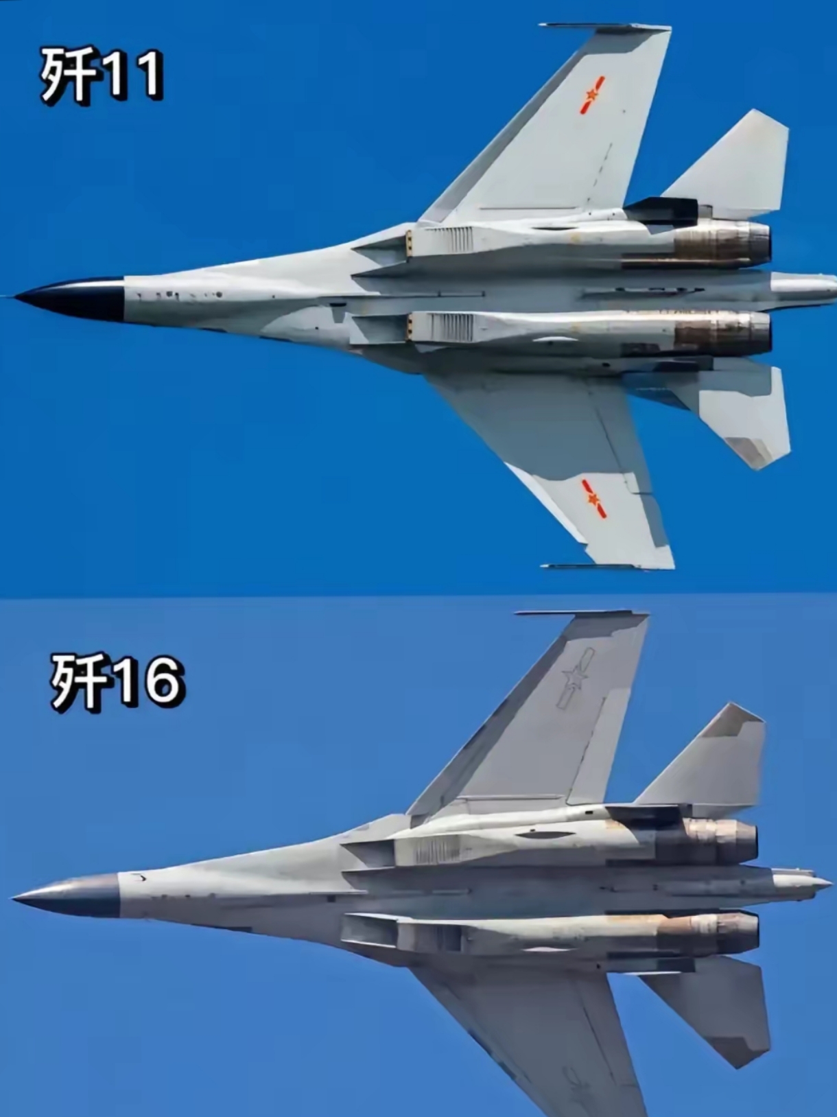 歼16和歼11还是很好分清的,最直观的就是歼11机头前部有一条长空速管