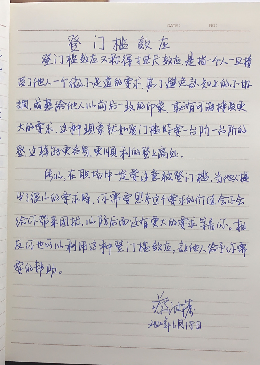 【登门槛效应】         登门槛效应又称得寸进尺效应,是指一个人一旦