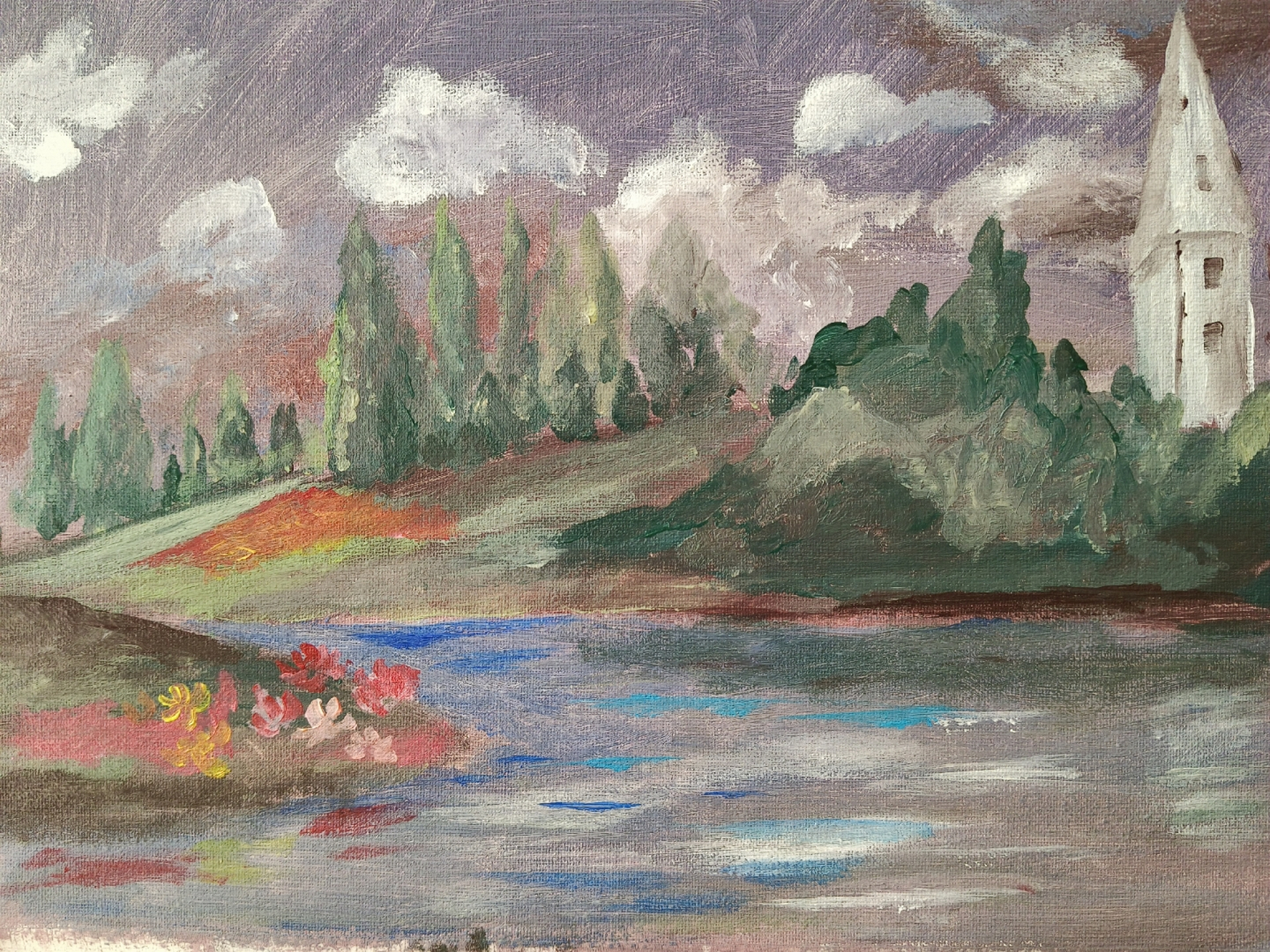 蓝紫色调的天空有几分如梦似幻的氛围…#油画