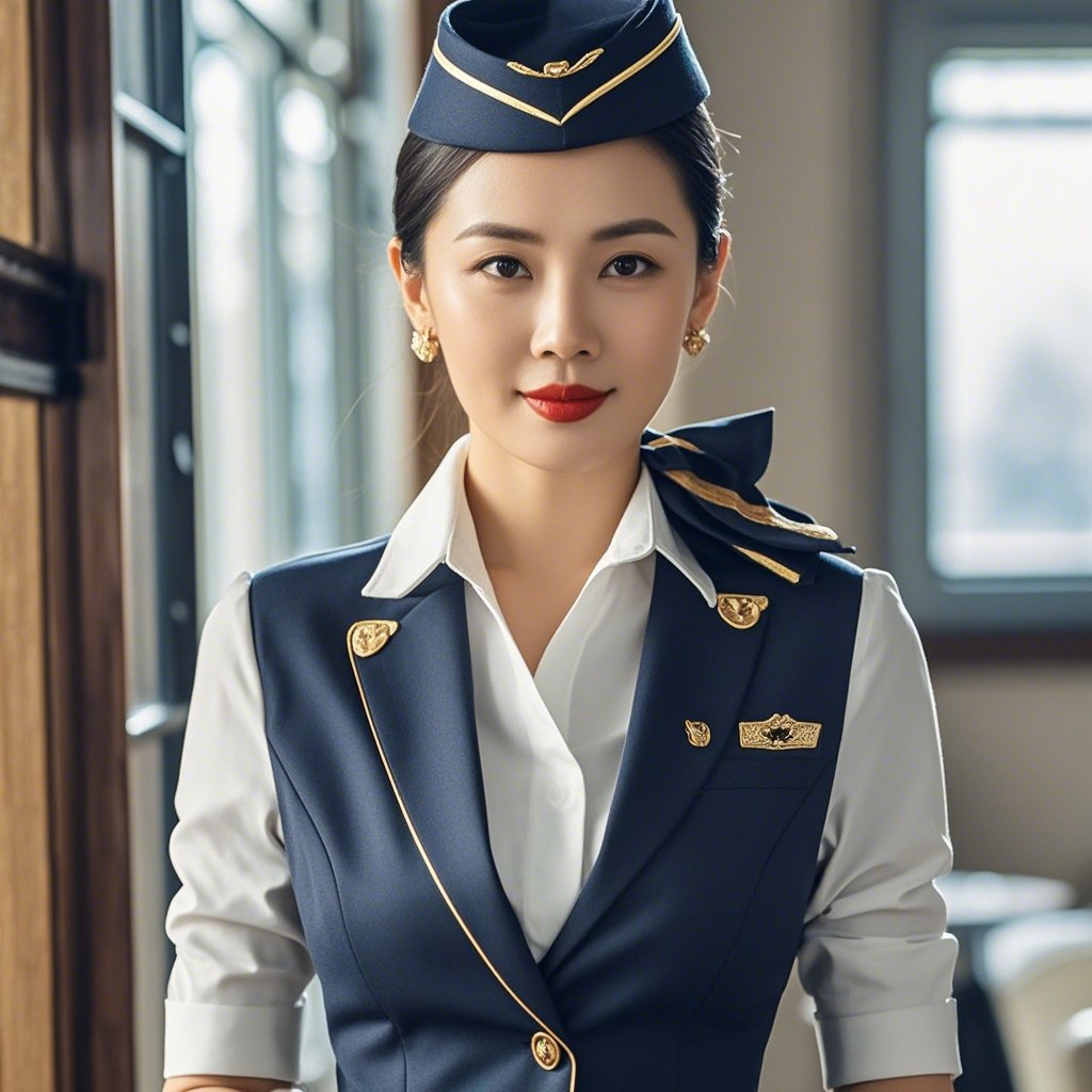 作为空乘人员,她总是保持专业而亲切的微笑,确保每位