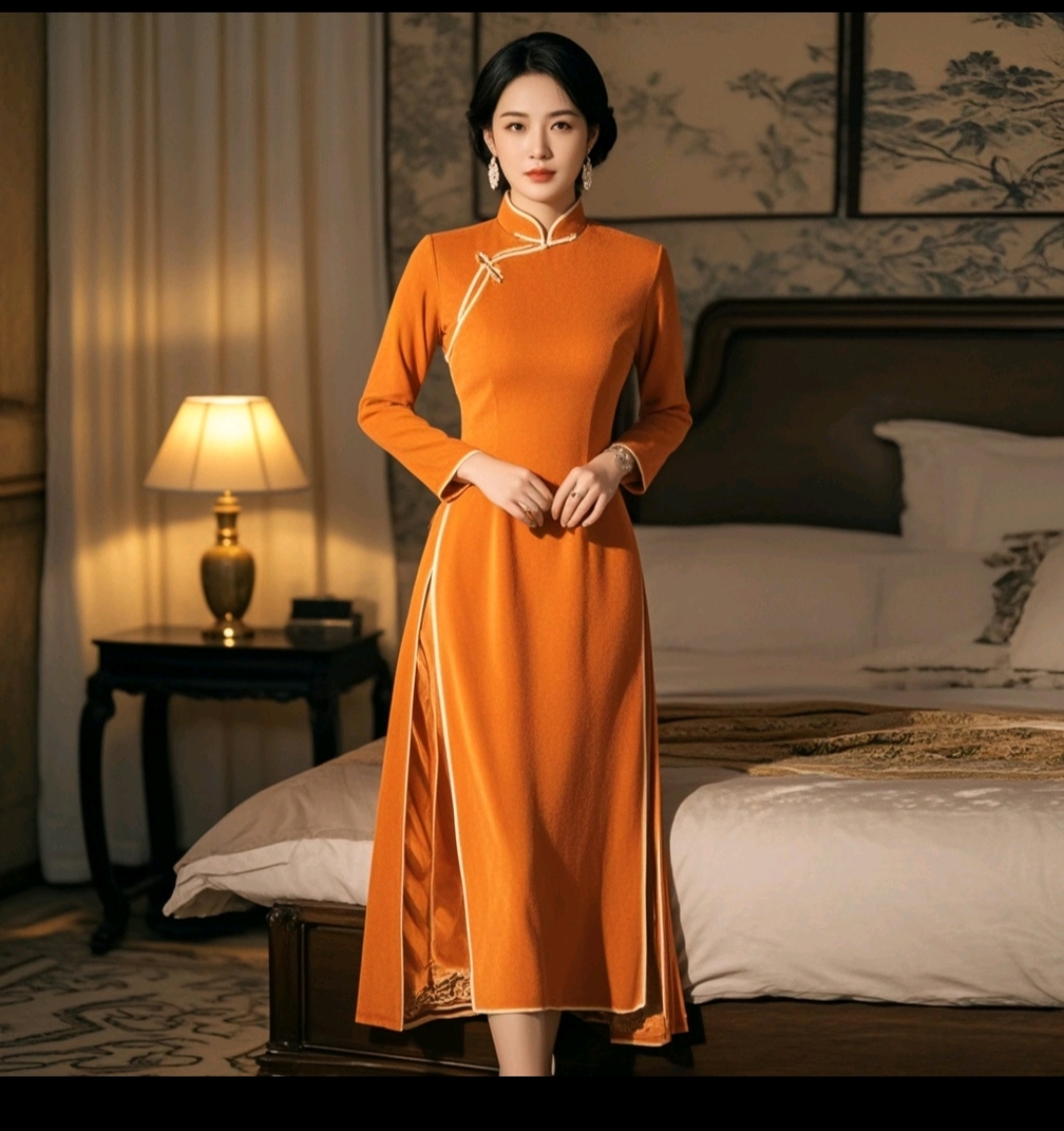 穿着一件橙色的旗袍,这件旗袍有着传统的盘扣设计,颜色鲜艳且裁剪得体