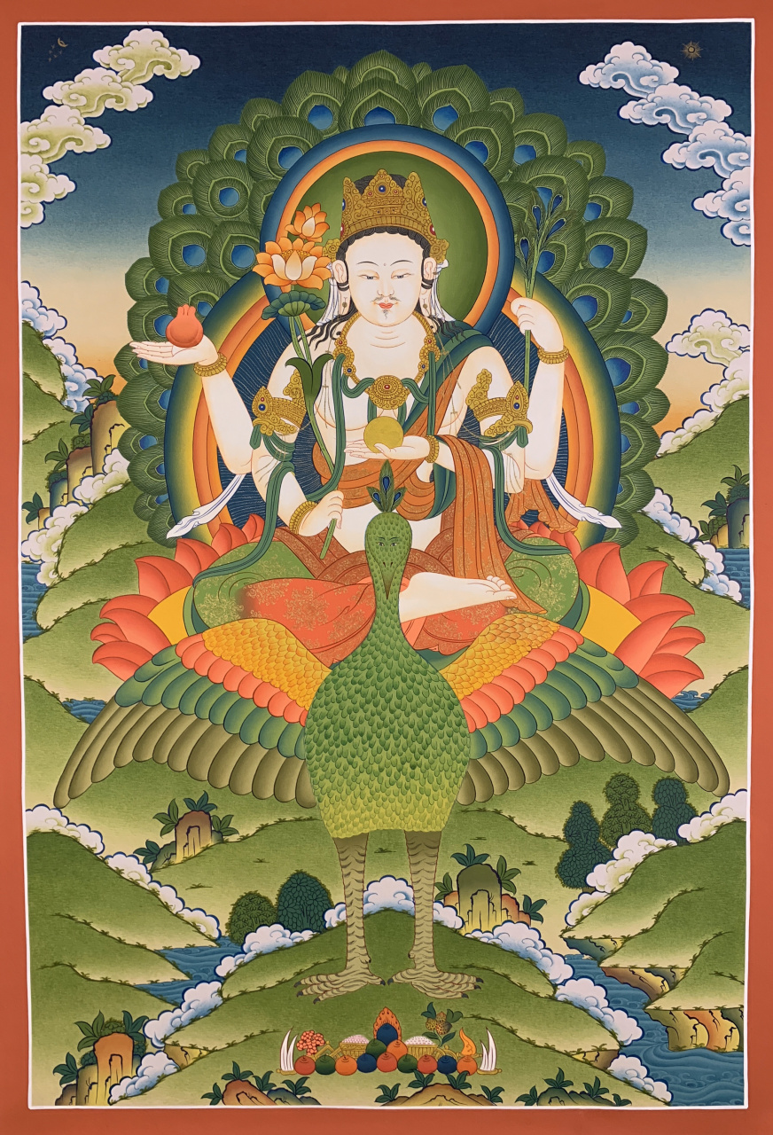《孔雀明王唐卡》 尺寸50x75cm,独家定制,秉承传统,采用矿物颜料混合
