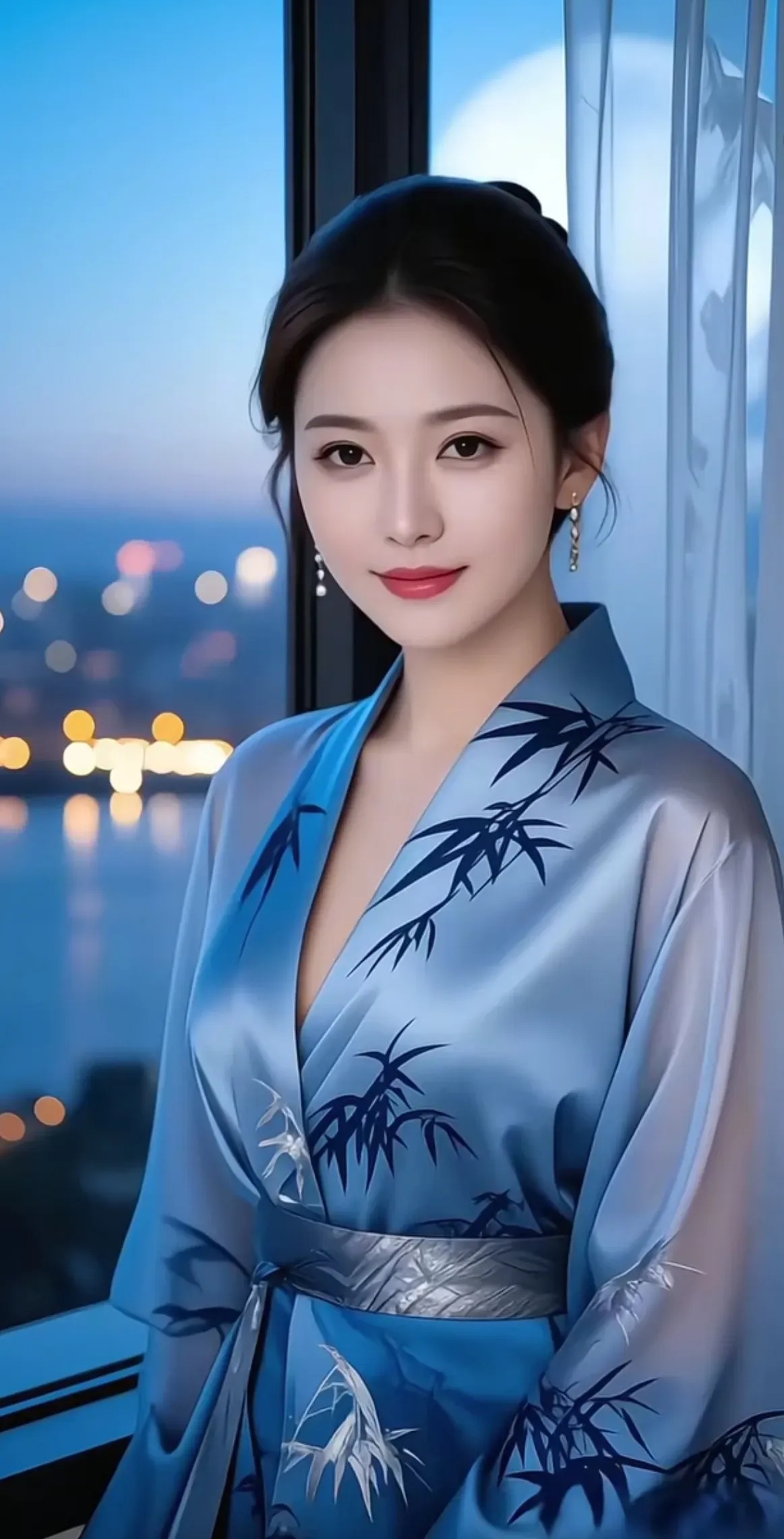 佳人着锦缎,蓝袍绣竹鲜. 倚窗望夜景,明月照君颜