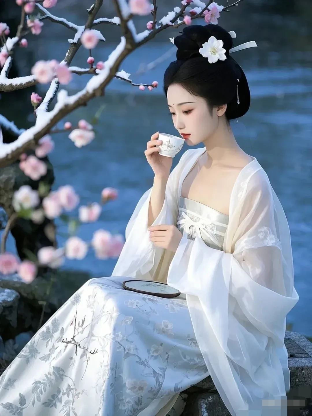 图中女子身着素雅的古装,坐在盛开的花树下,手持茶盏,姿态娴静优雅