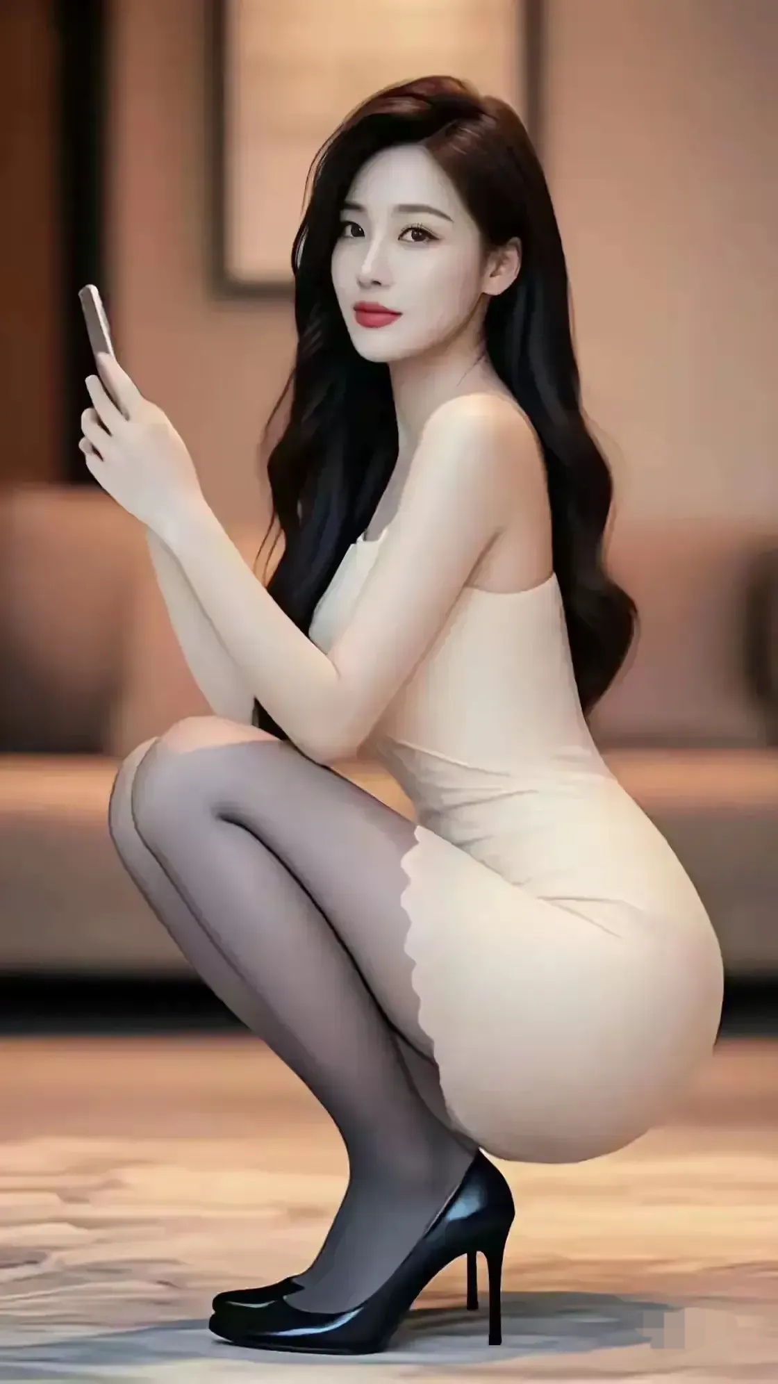 佳人蹲立影娇柔, 素裙黑袜映双眸