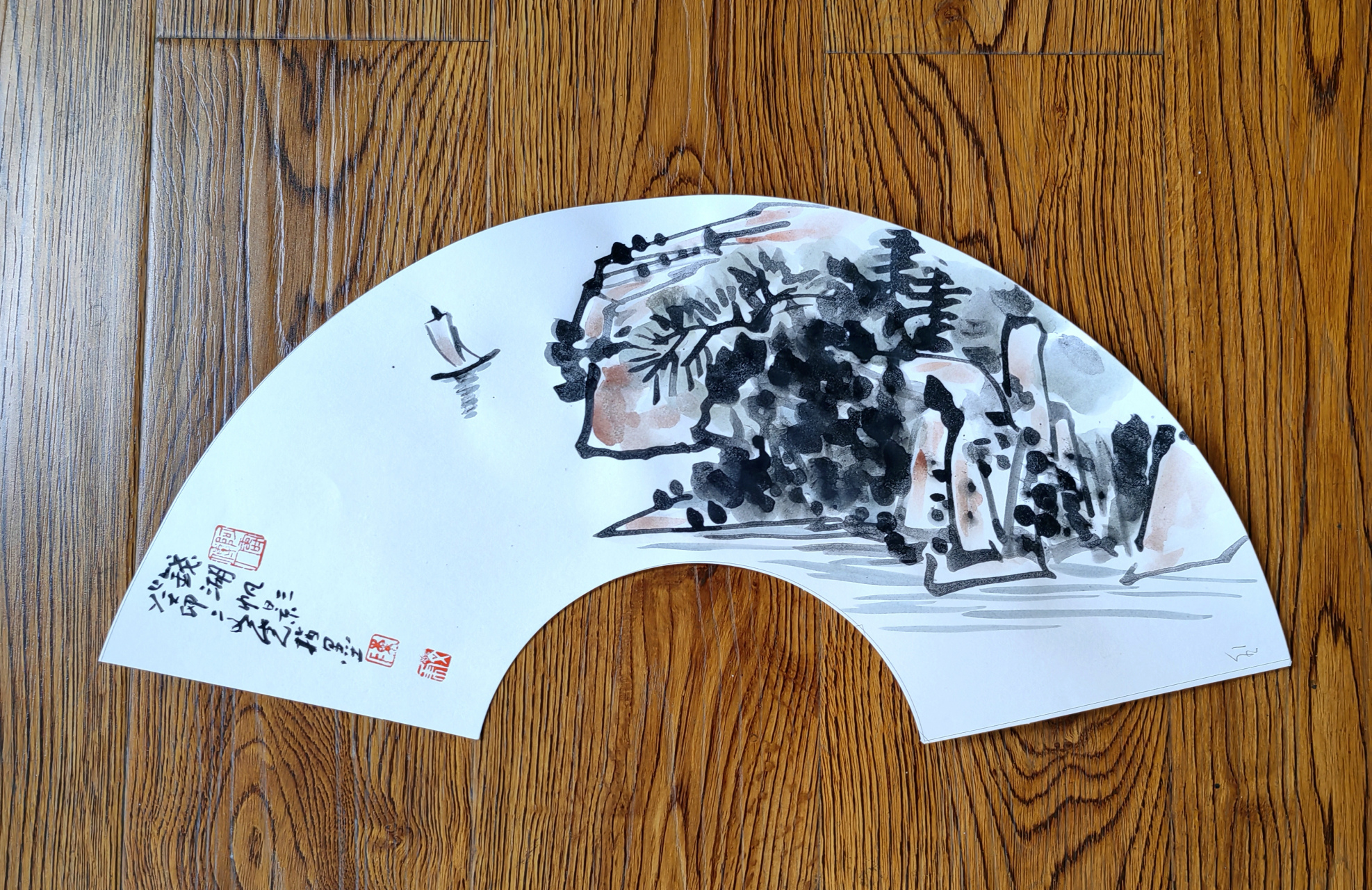 中国民协手指书画专委会 陈文虎手指画扇面作品(东钱湖)