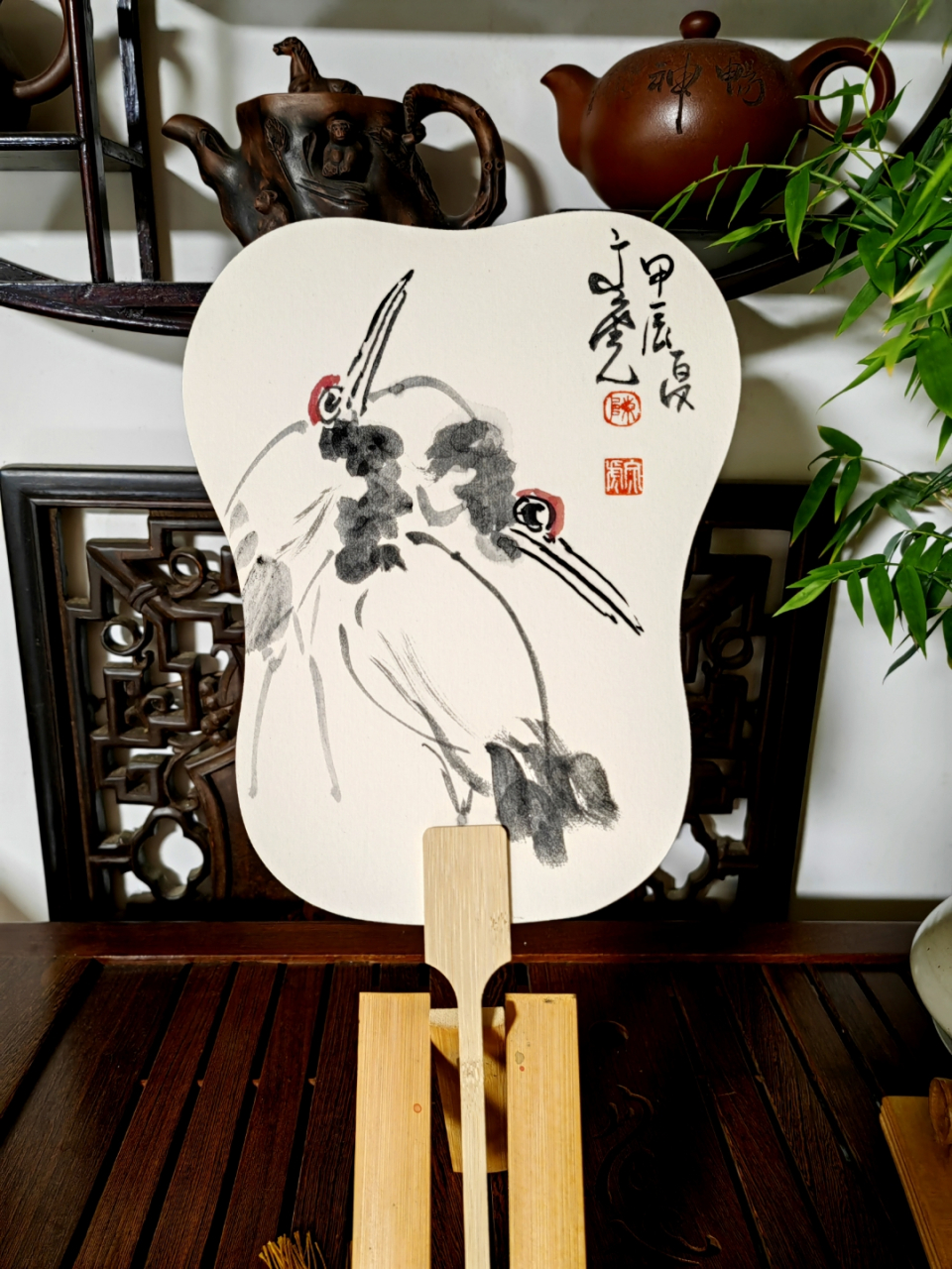 中国民协陈文虎水墨团扇赏析 (第102期)双鹤图