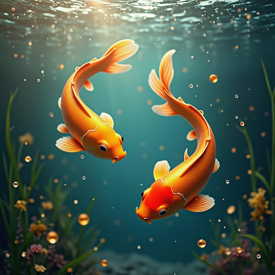 在这幅宁静的画面中,两条锦鲤在水中优雅地游动,周