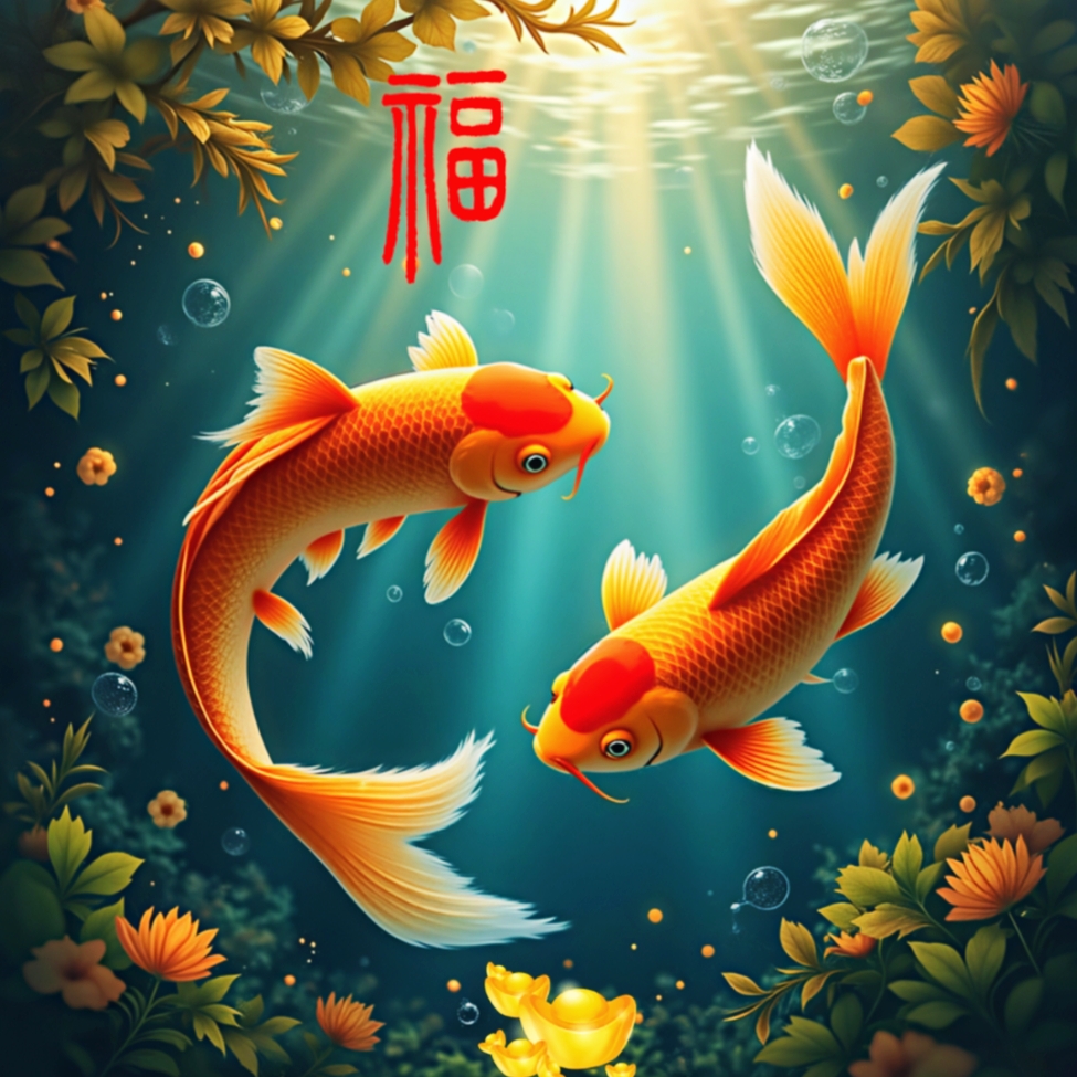 在这幅宁静的画面中,两条锦鲤在水中优雅地游动,周