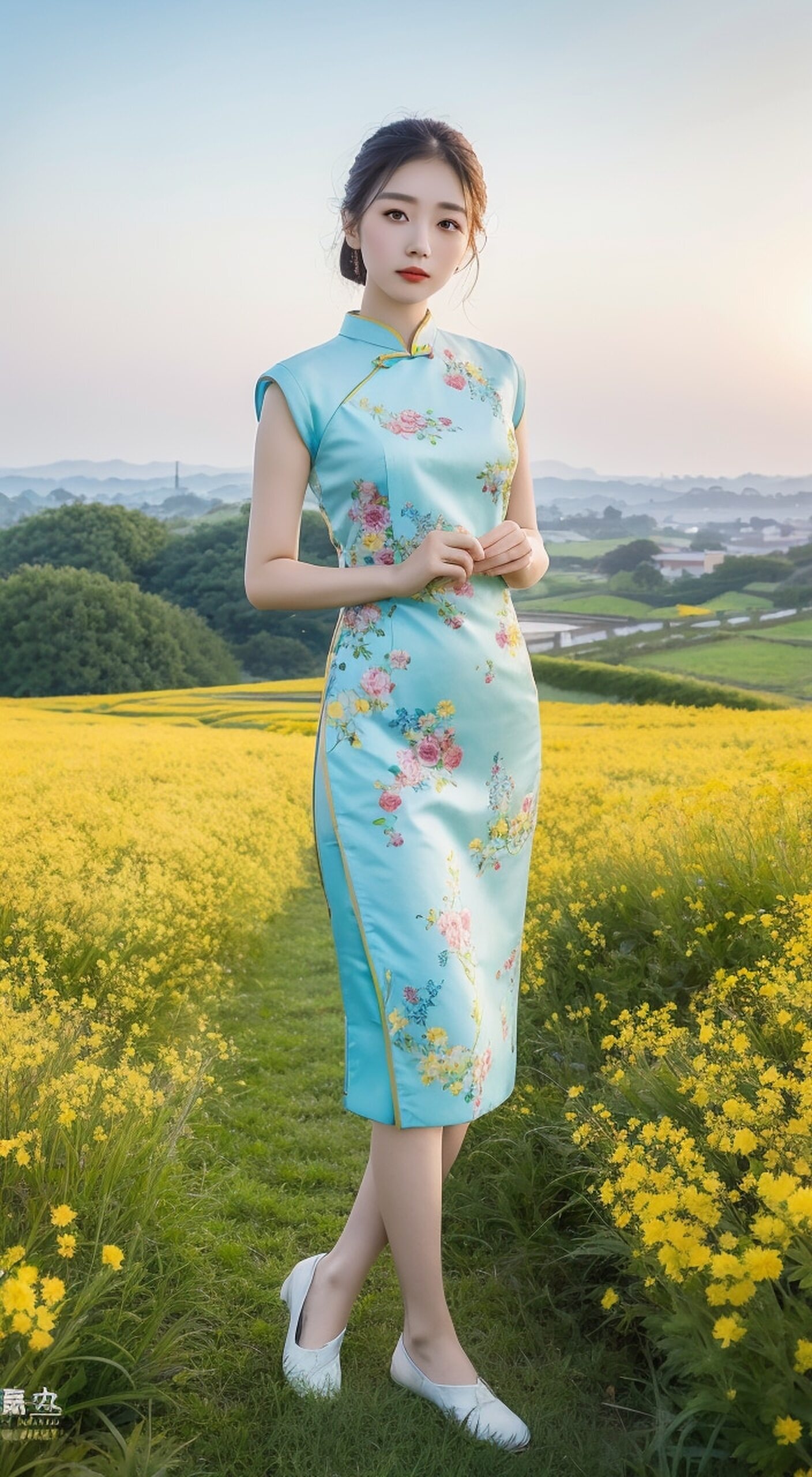 98夕阳下的油菜花旗袍美人93  98夕阳的余晖洒在金黄的油菜花