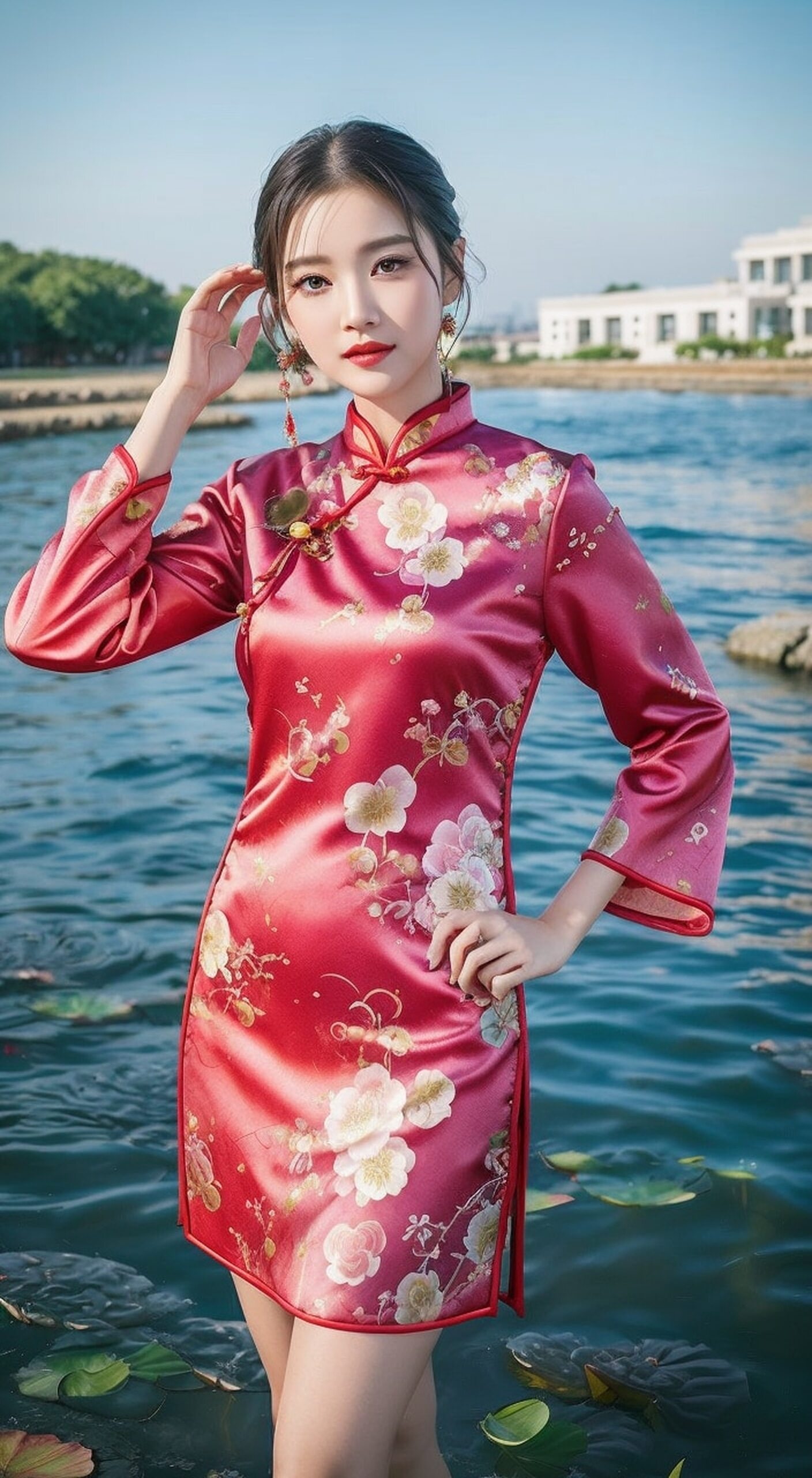 94旗袍美人,水边静谧时光95  一眼望去,那旗袍美女 站在水边,仿佛