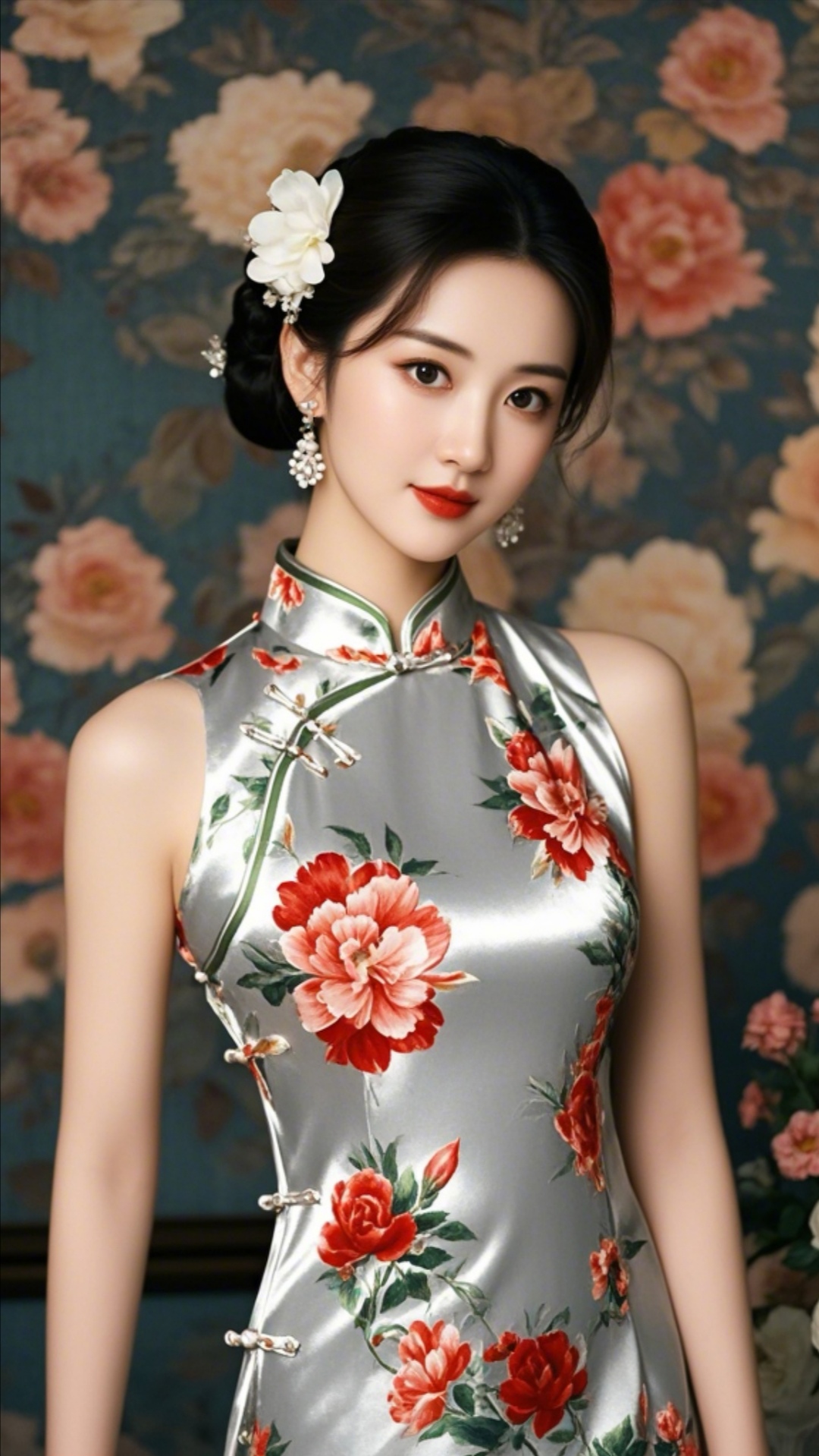 女子穿着一件带有鲜艳花卉图案的旗袍,发型精致,背景有花朵装饰#旗袍