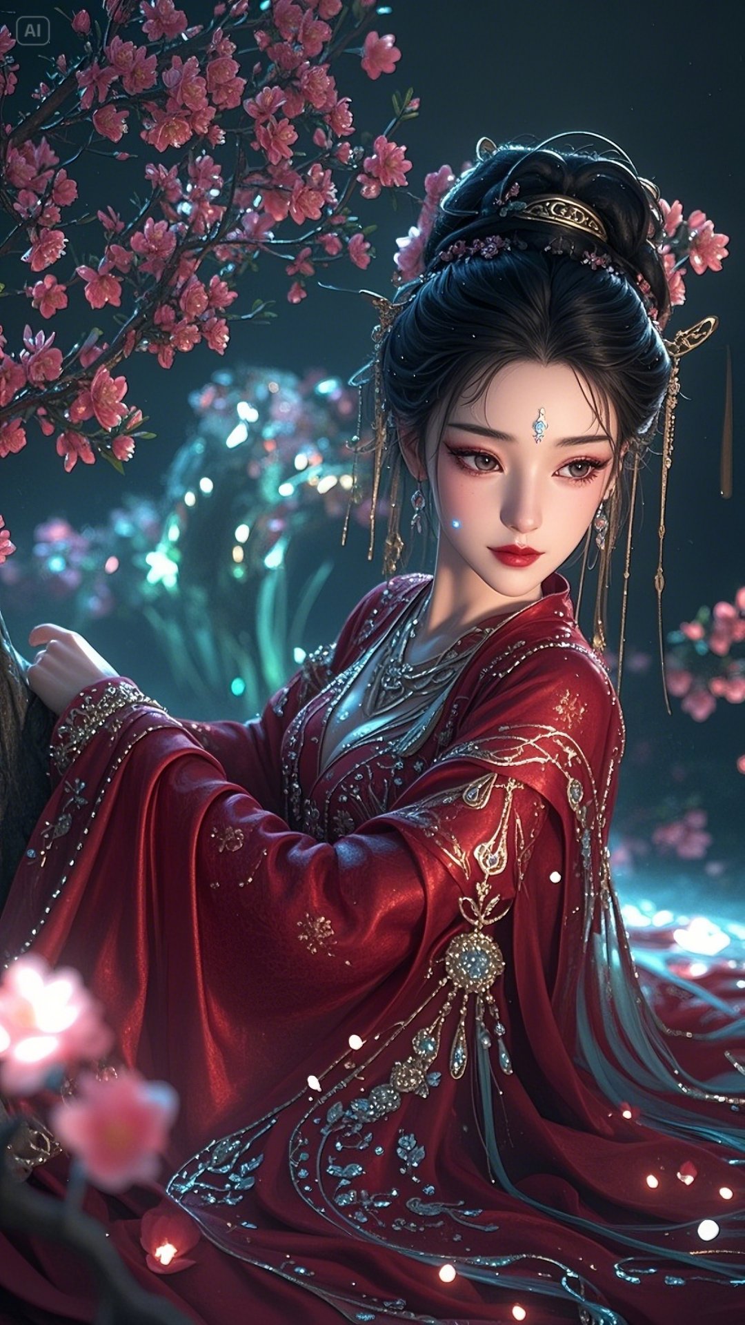 樱花树下,她静坐如画,红衣翩翩,美得让人心动