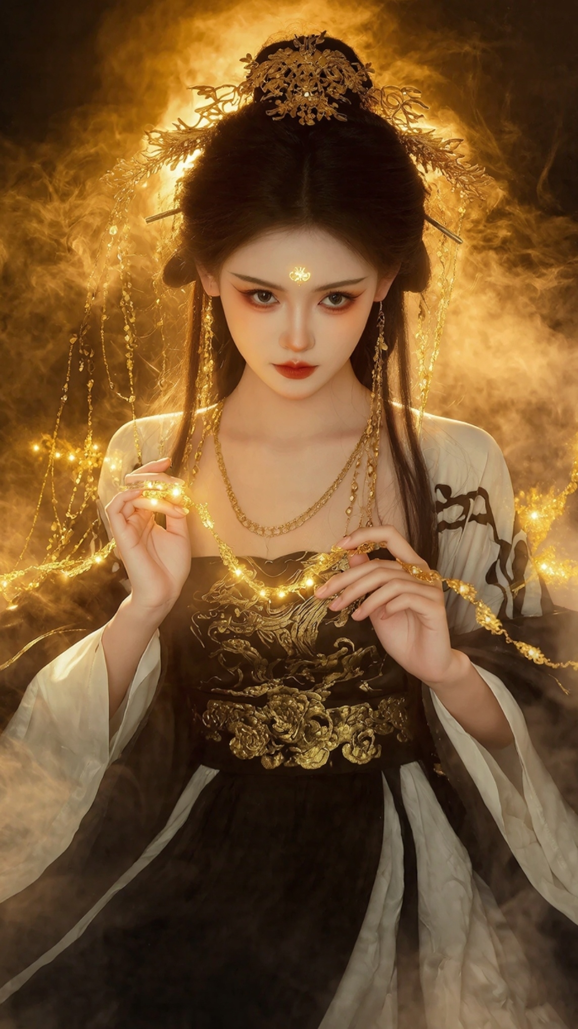 金钗步摇绾青丝,黑裳金纹裁月华. 指尖轻捻缕金链,眉眼藏情绽风华