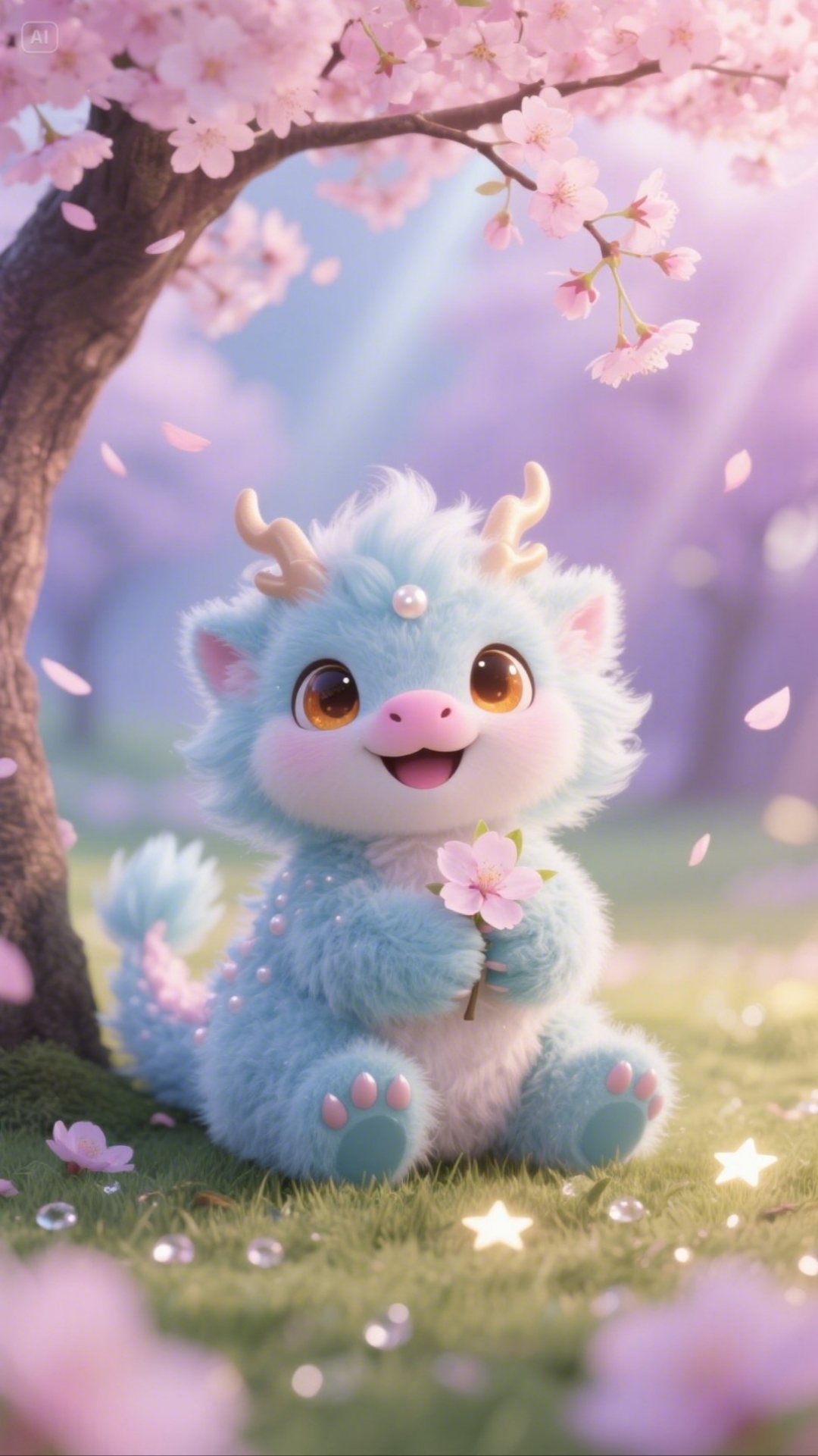 它就乖乖坐在樱花树下,那圆润的琥珀色大眼睛, 粉