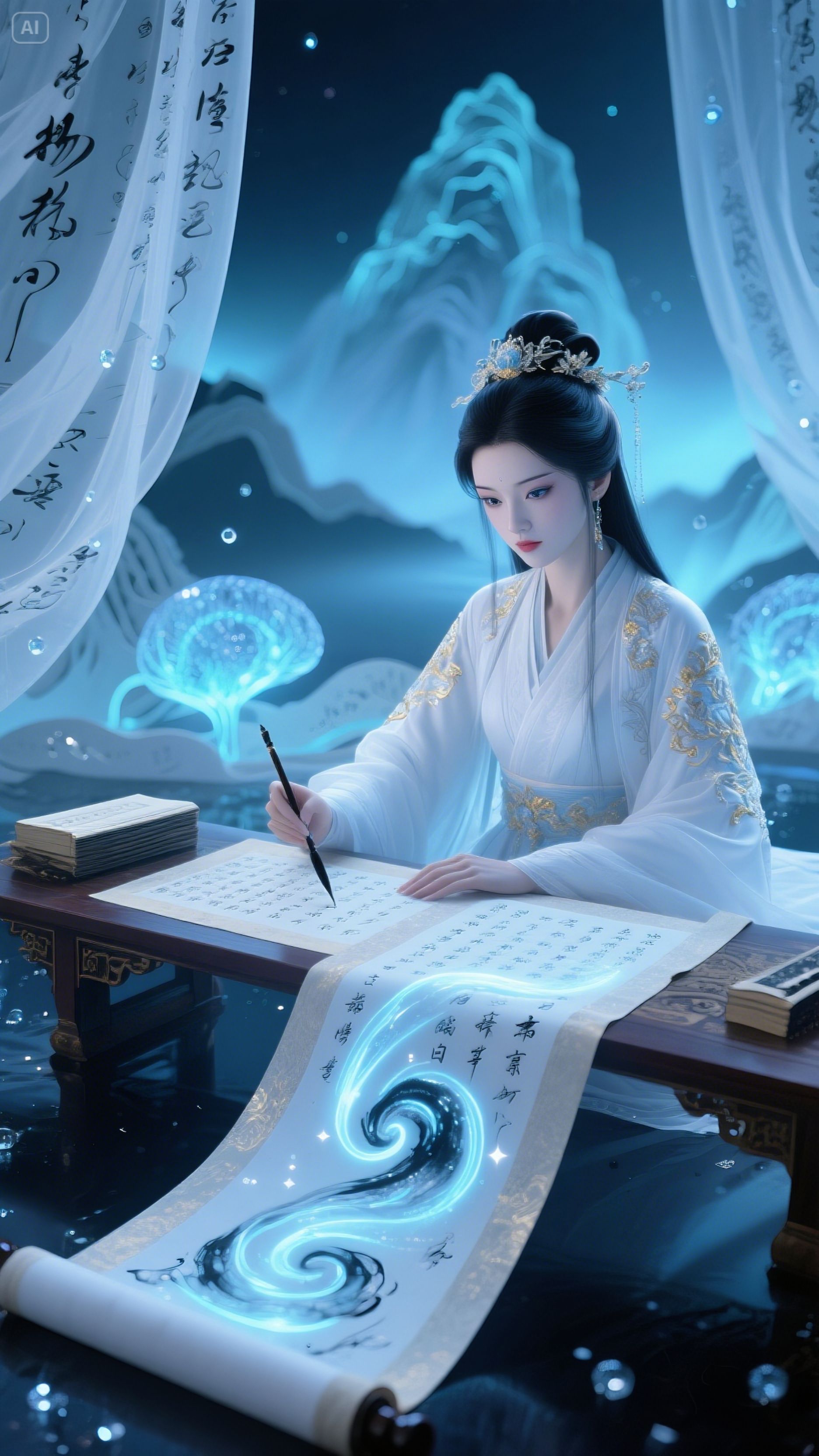 《书案仙笔》 三维案上卷浮空,冷艳公主墨韵浓