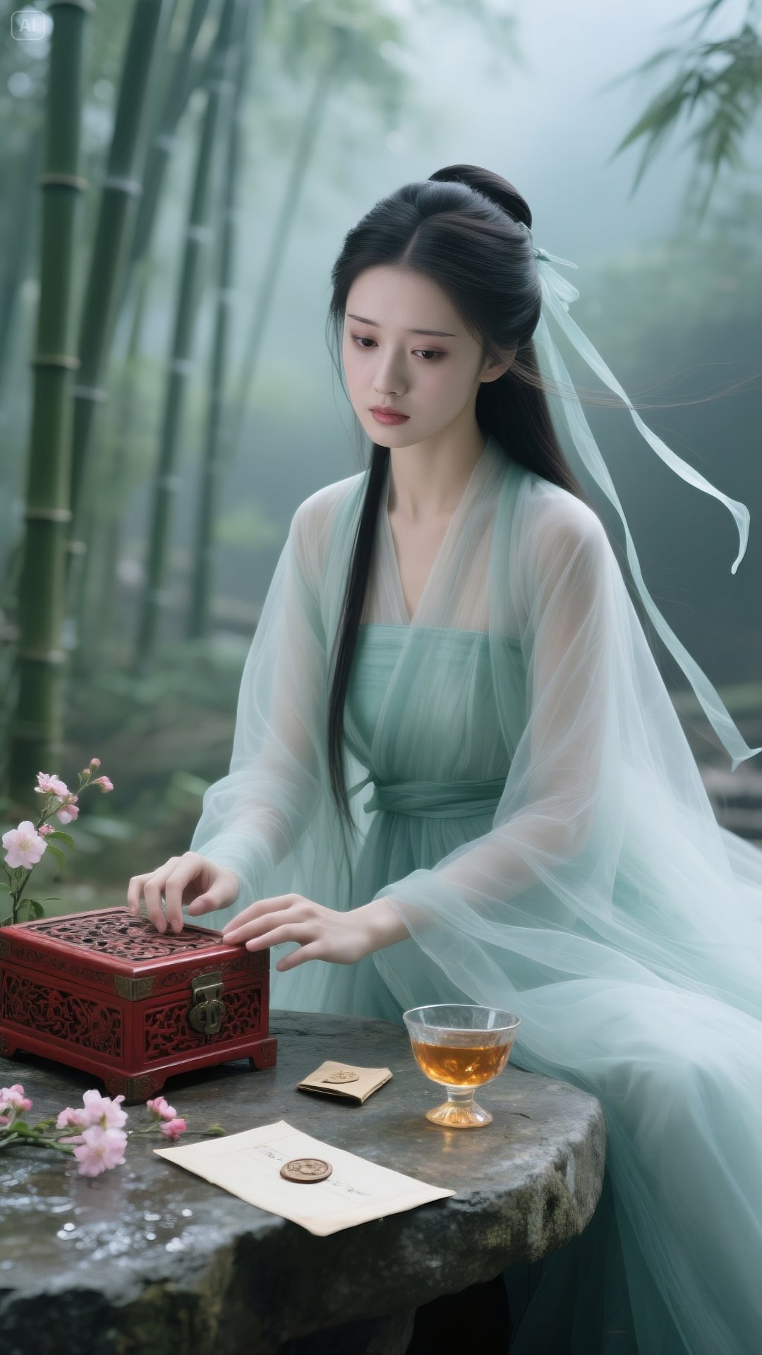 石凳裂纹里渗着青苔的凉,她指尖抚过食盒雕花,忽有