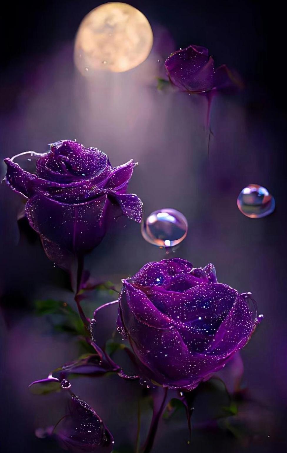 这时,我注意到了一朵紫色的玫瑰花,它在水滴的滋润下显得格外娇艳.