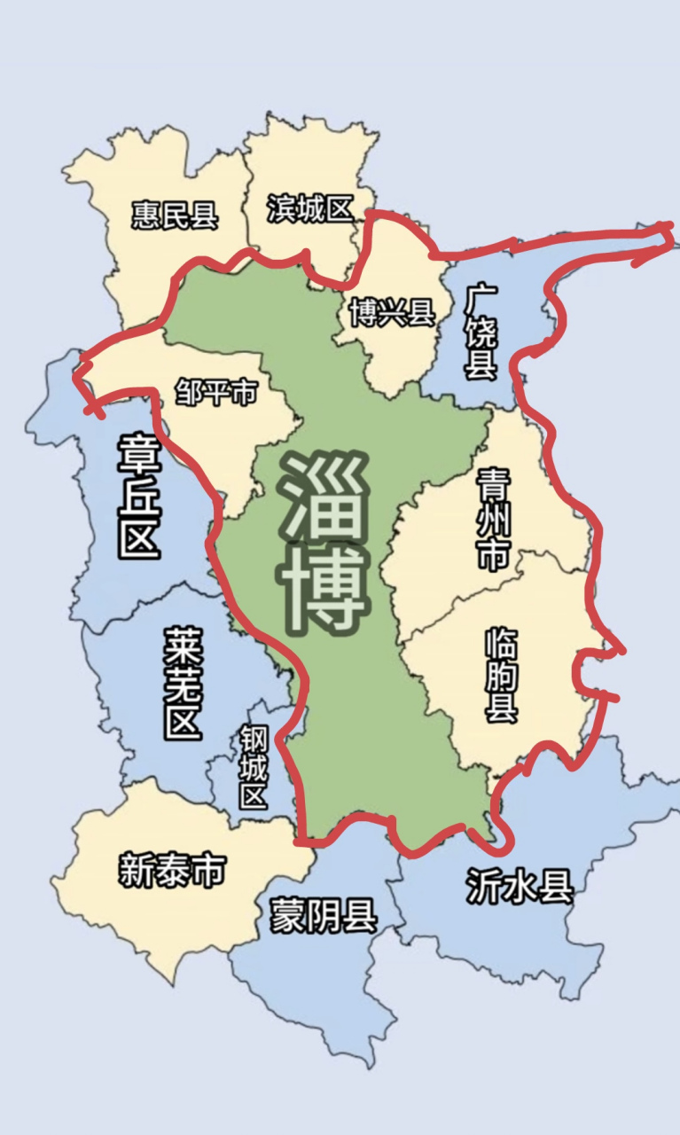 山东对淄博有点抠门,地盘小得可怜,还是个长条型,要不是有点工业底子