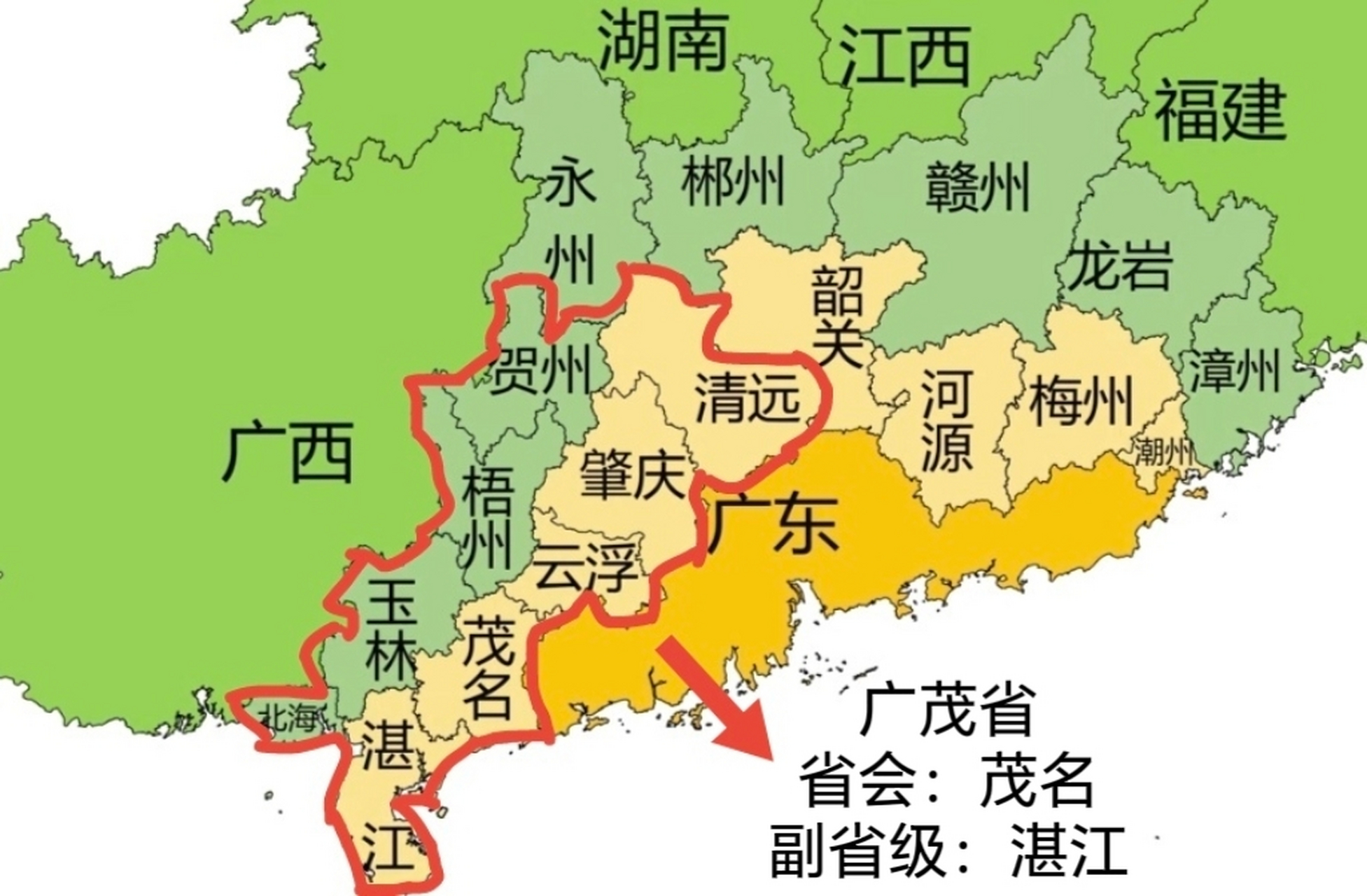 其实粤西和广西东部可以组成广茂省,省会放在综合性城市茂名,湛江为