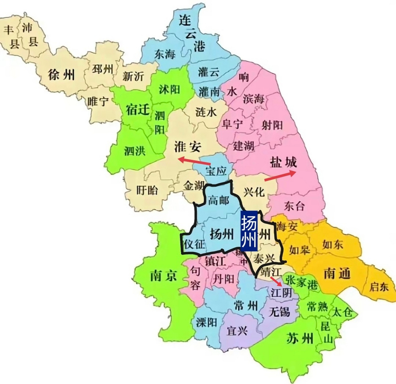 把宝应划给淮安,把兴化划给盐城,再把靖江划给无锡,这样扬州和泰州就