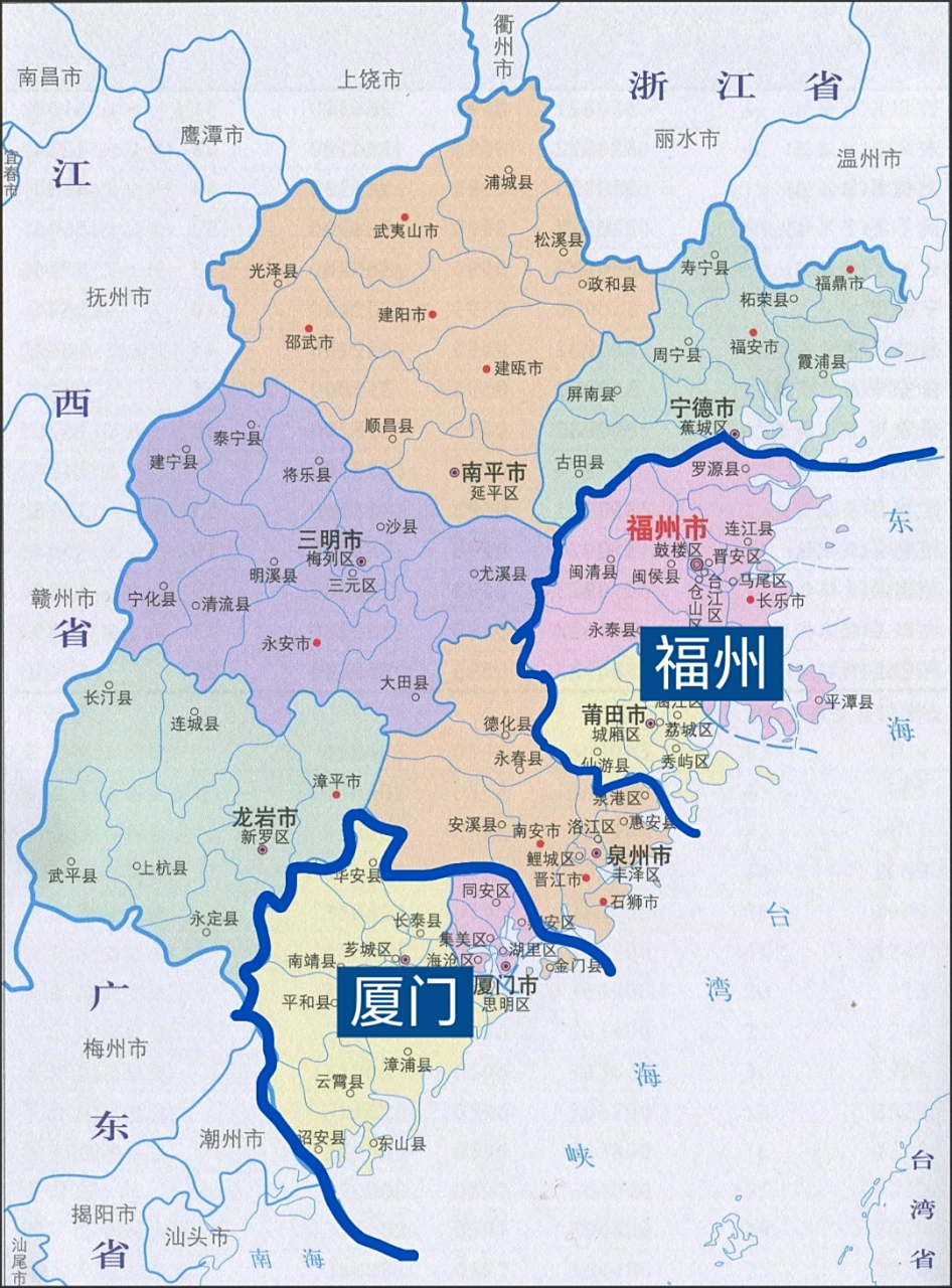 福建沿海居然有六个城市,显然太多了,福建人口区区四千万,海岸线也就