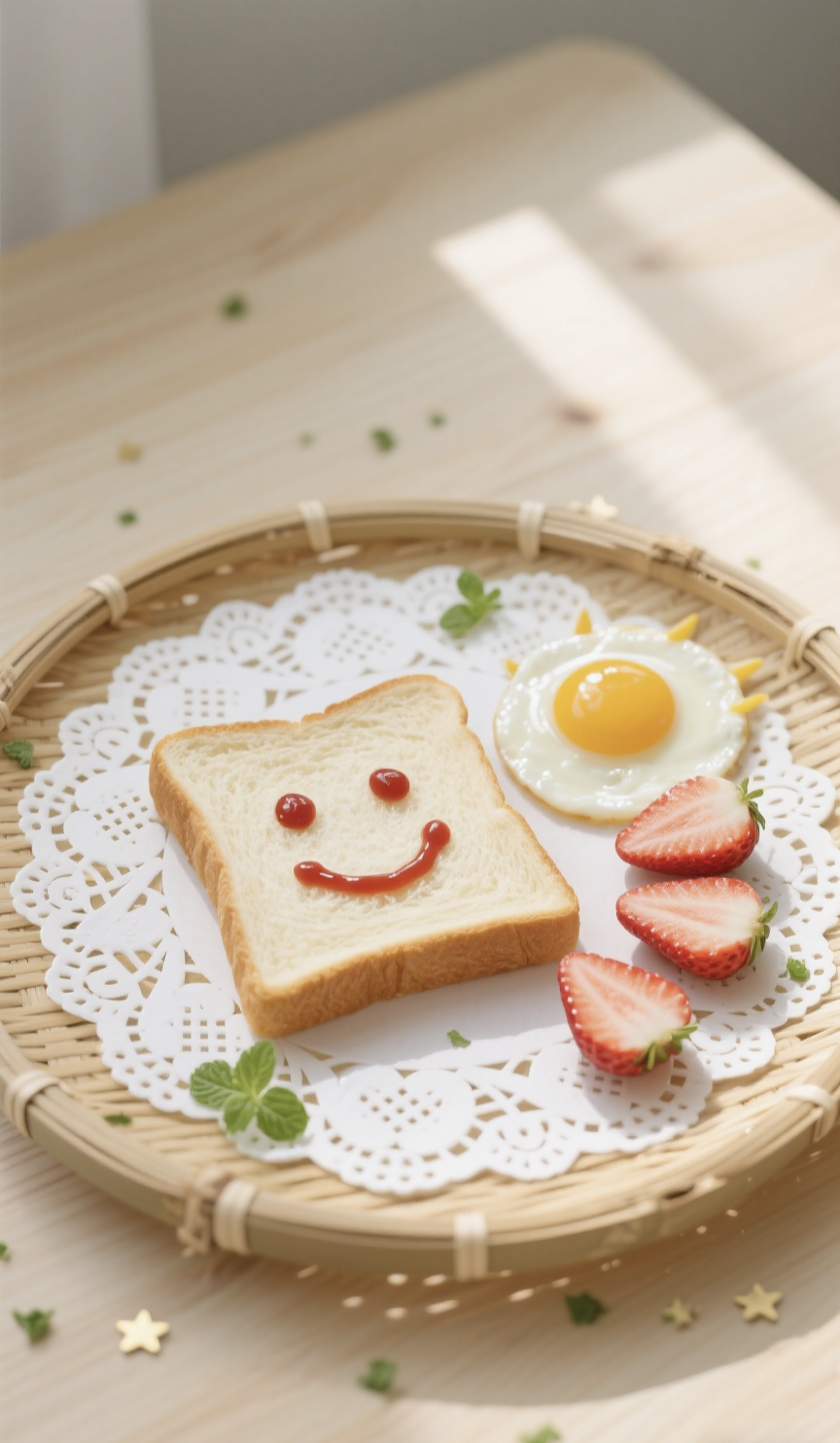 餐垫铺底,竹编托盘当舞台,草莓切半摆成小太阳,薄荷碎煎鸡蛋笑脸图片