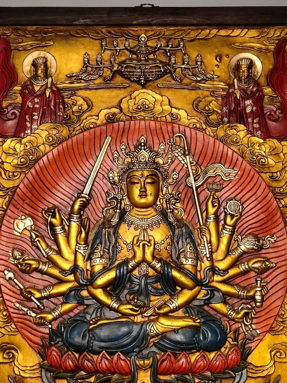 旧藏西藏木框彩绘唐卡佛像  准提菩萨一尊 恭请供奉家居装饰挂画  高1