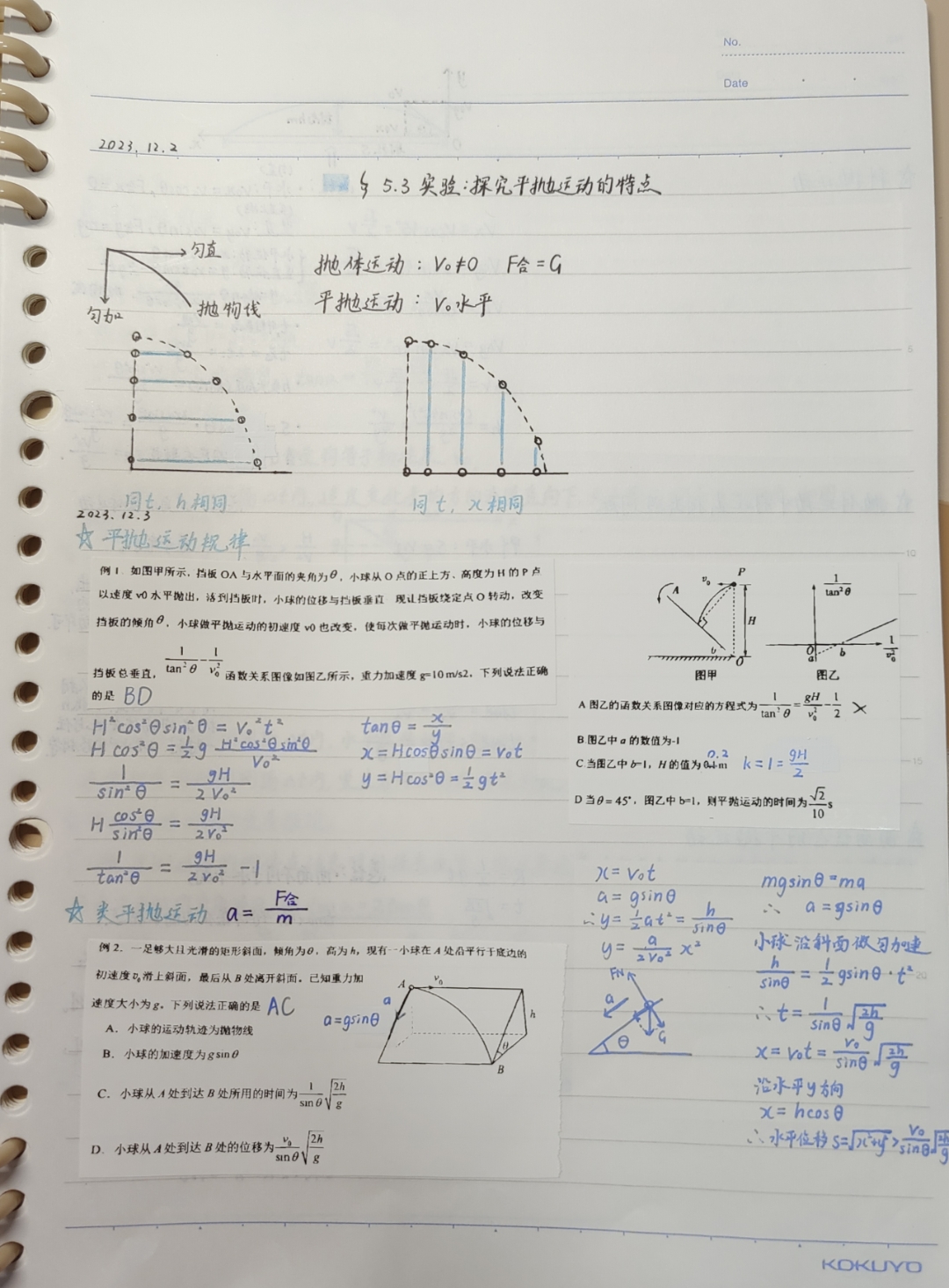 物理必修二 平抛运动 笔记,第一张是相较于之前的有些补充,希望能够