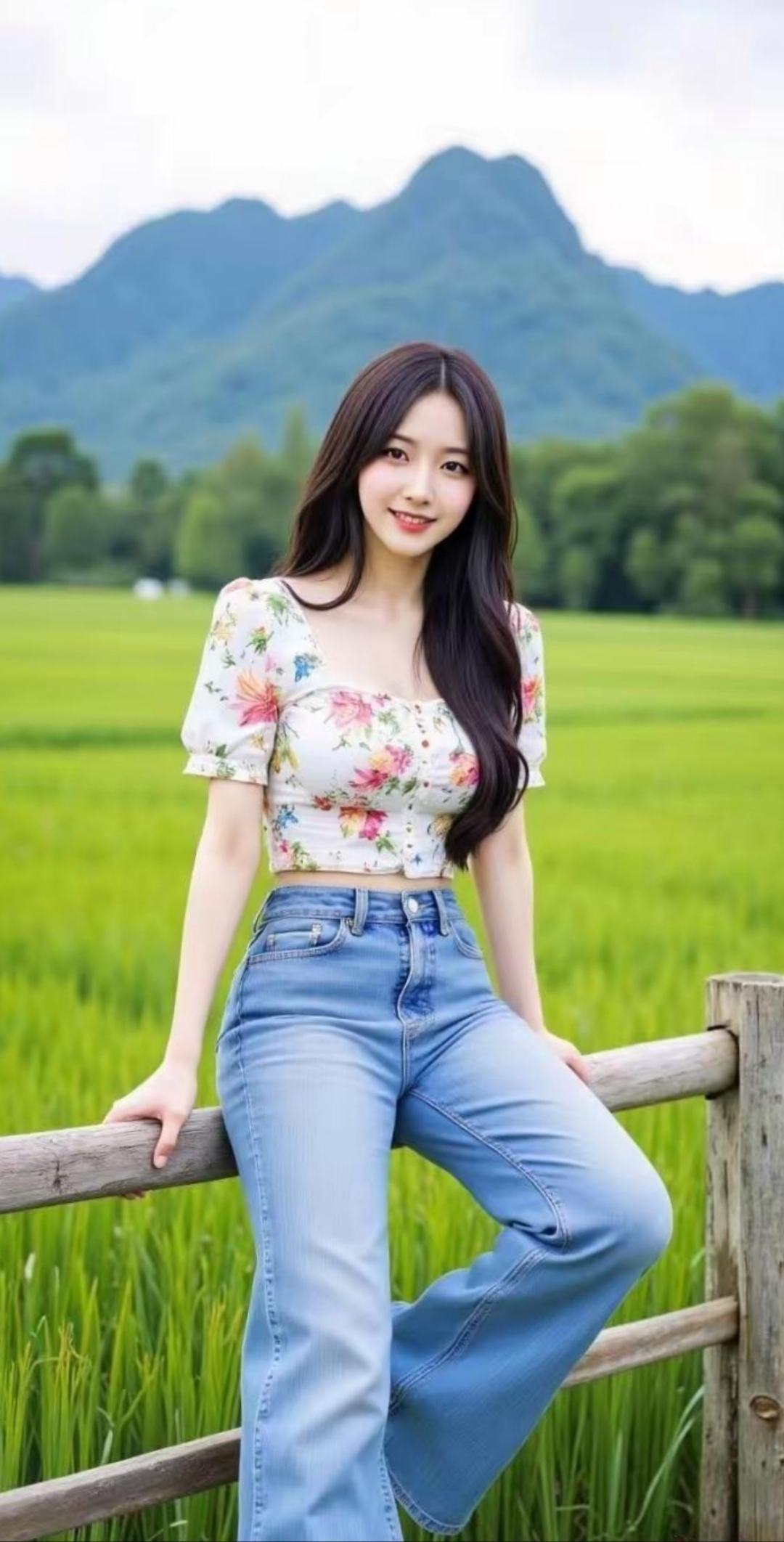 有个女子舒舒服服地坐在稻田边的栏杆上,轻柔的微风